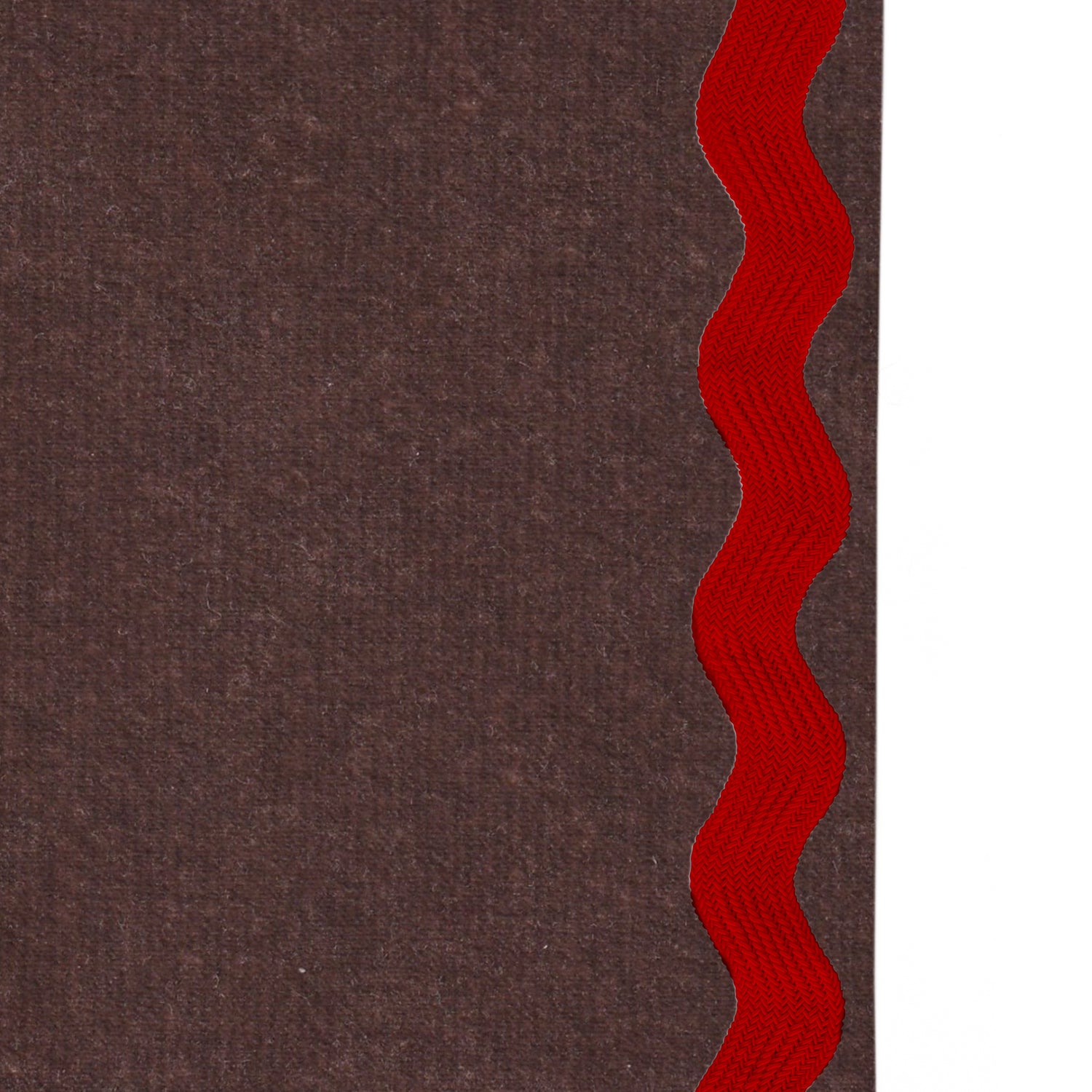 Upclose picture of Walnut Velvet custom Browncurtain with cherry rick rack trim
