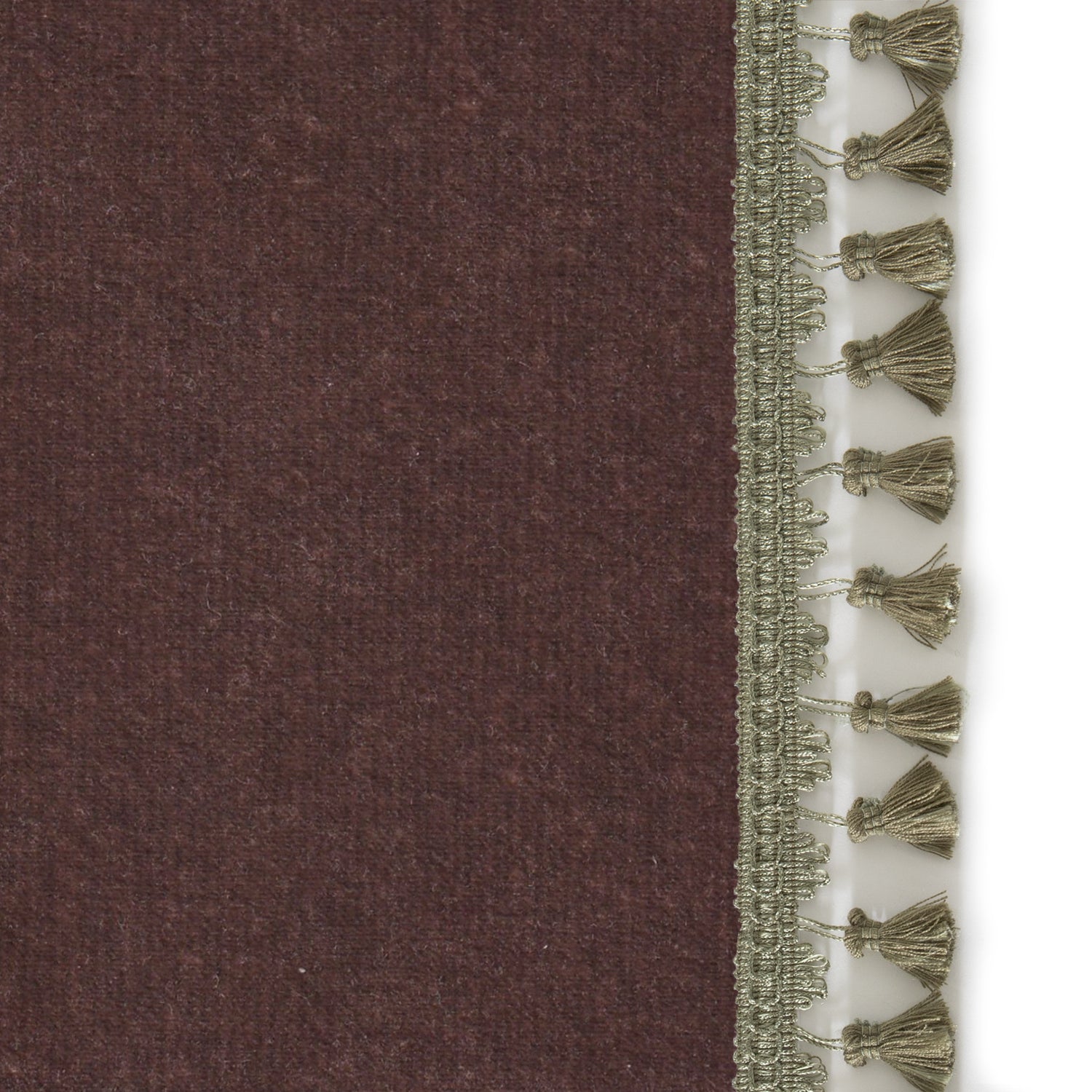 Upclose picture of Walnut Velvet custom curtain with sage tassel trim