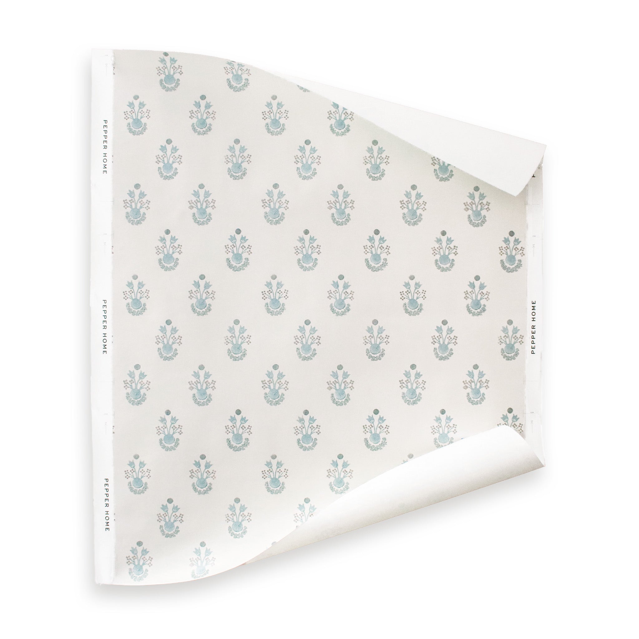 Lucie Cornflower wallpaper with soft blue floral design on cream background, made-to-order, short lead times, USA quality craftsmanship