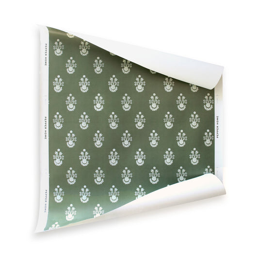 Lucie Olive wallpaper with classic white floral patterns on olive green background, made-to-order, short lead times, USA quality
