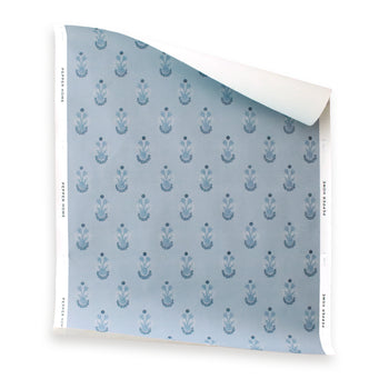 Lucie Steel wallpaper with soft blue floral motifs on muted background, made-to-order, short lead times, manufactured in the USA quality