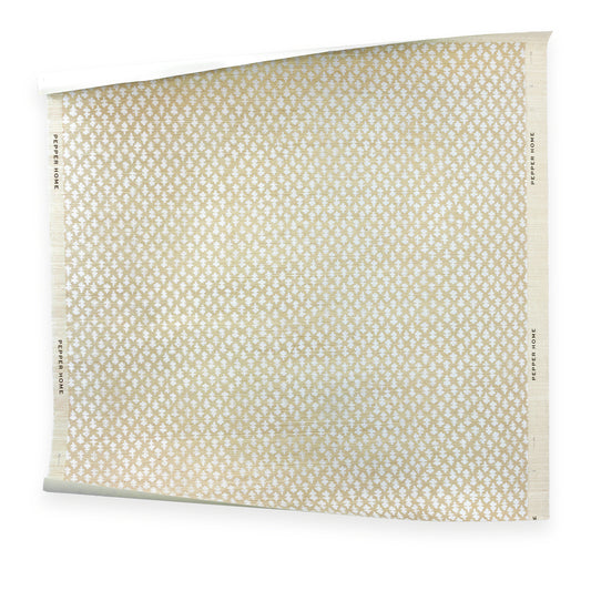 Quinn Flour wallpaper swatch in warm ivory with a gold geometric pattern, made to order in the USA
