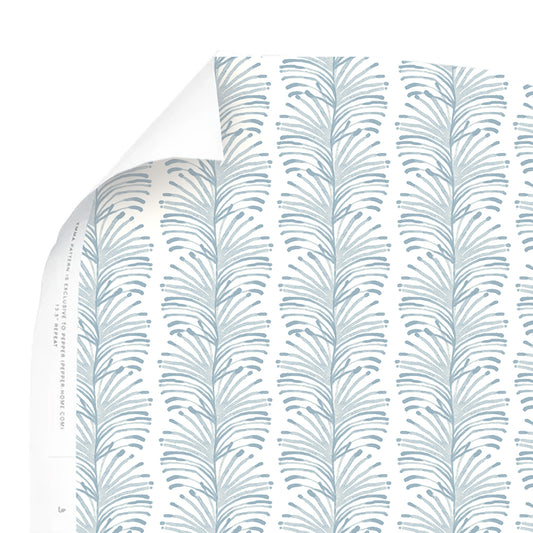Close-up of the Corner of Sky Blue Botanical Stripe Printed Clay Coated Wallpaper 
