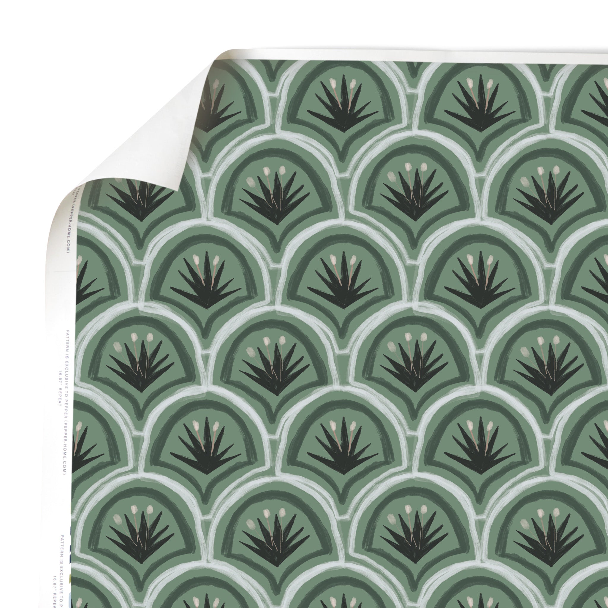 close up of forest green and black art deco palm pattern wallpaper swatch