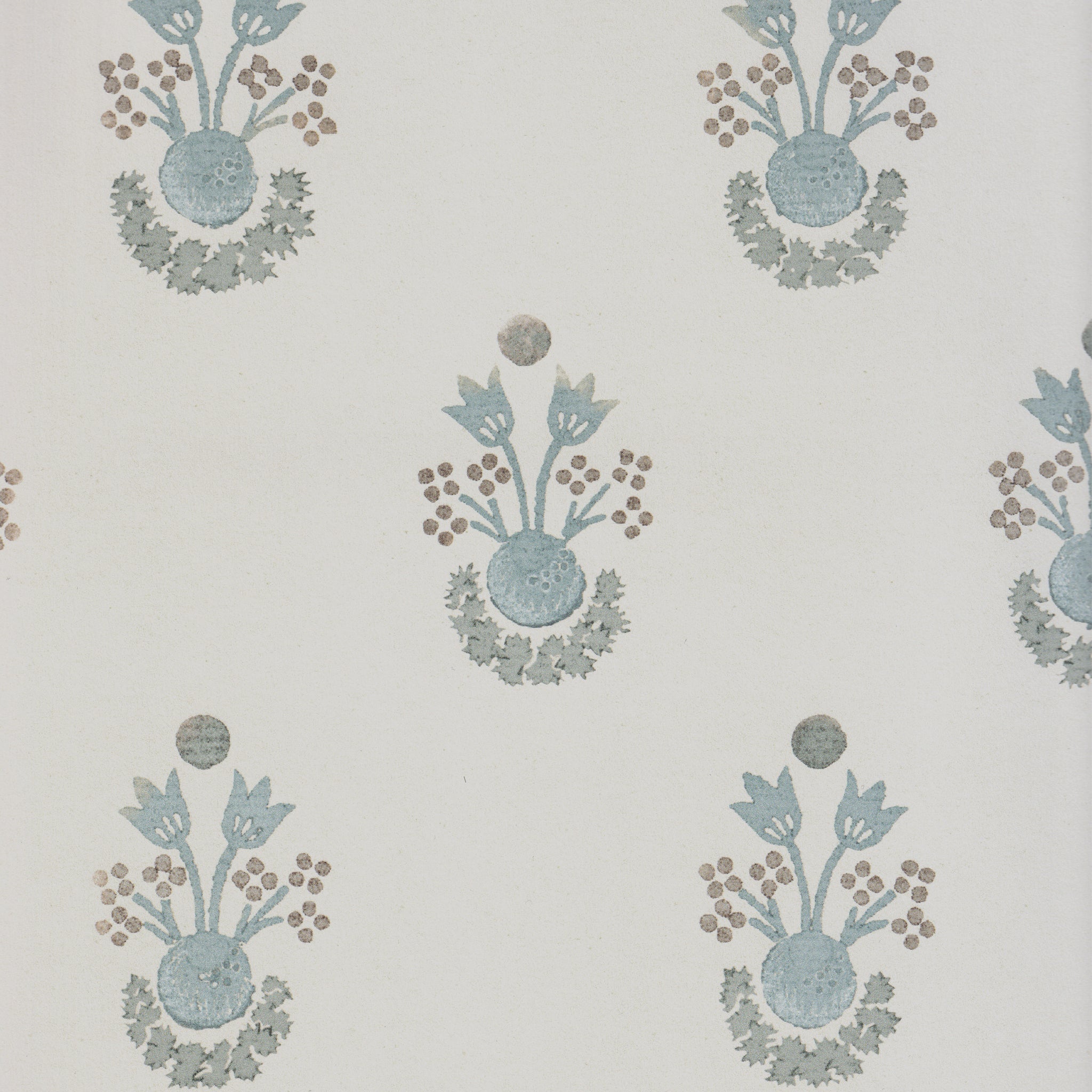 Lucie Cornflower wallpaper with delicate blue floral motifs on soft cream background, made-to-order, short lead times, made in the USA quality