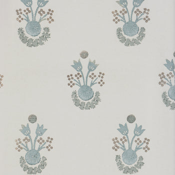 Lucie Cornflower wallpaper with delicate blue floral motifs on soft cream background, made-to-order, short lead times, made in the USA quality