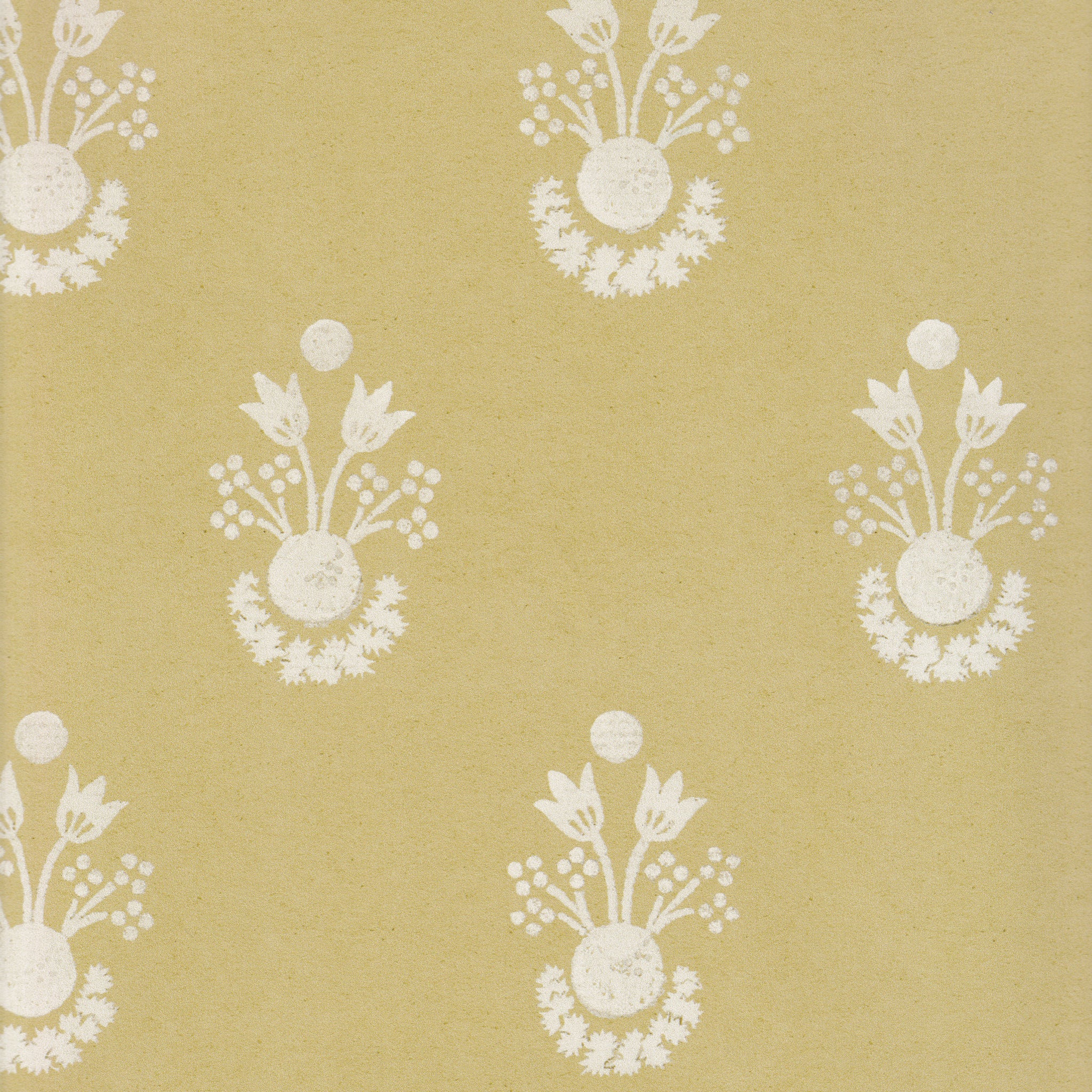 Lucie Goldenrod wallpaper featuring cream floral motifs on warm golden background, made-to-order, short lead times, USA quality craftsmanship