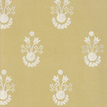 Lucie Goldenrod wallpaper featuring cream floral motifs on warm golden background, made-to-order, short lead times, USA quality craftsmanship