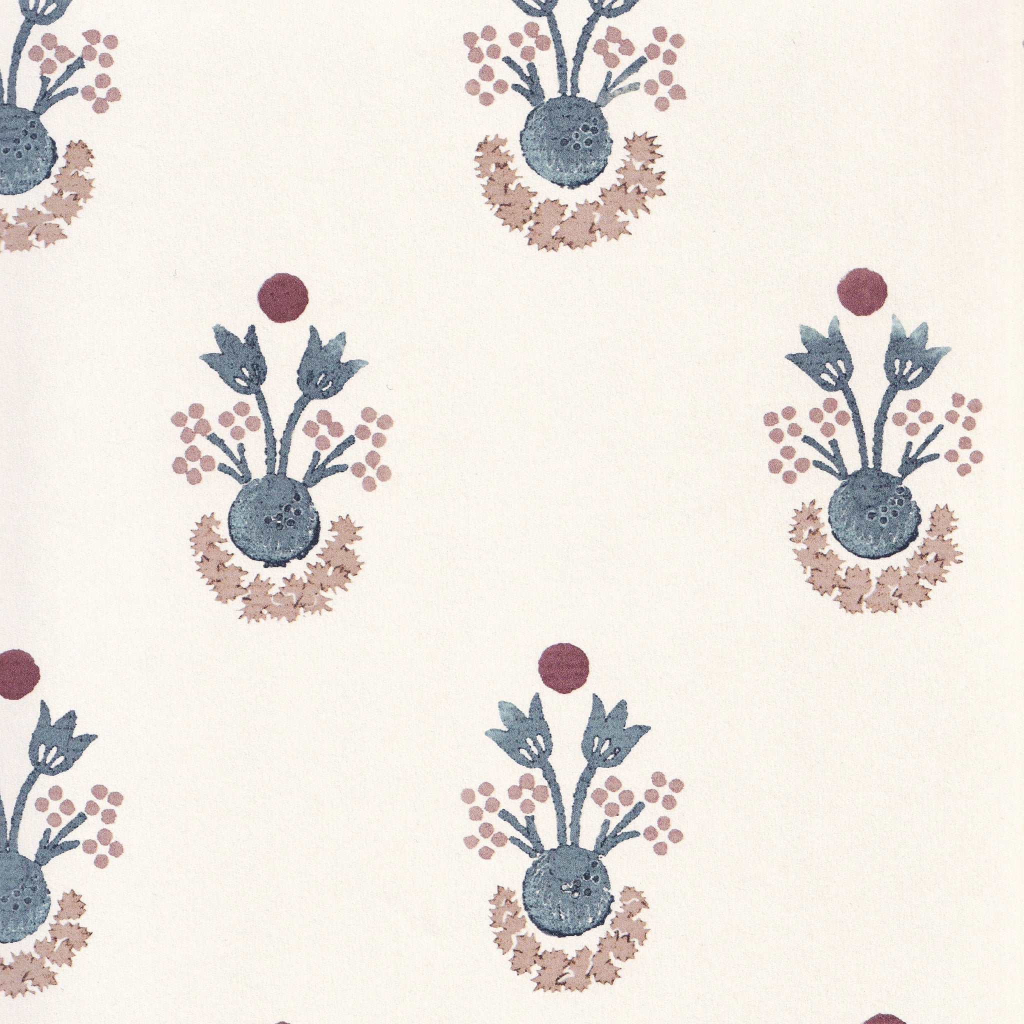 Lucie Harbor fabric with soft clay and blue floral motifs on cream background, made-to-order, fast turnaround, USA quality