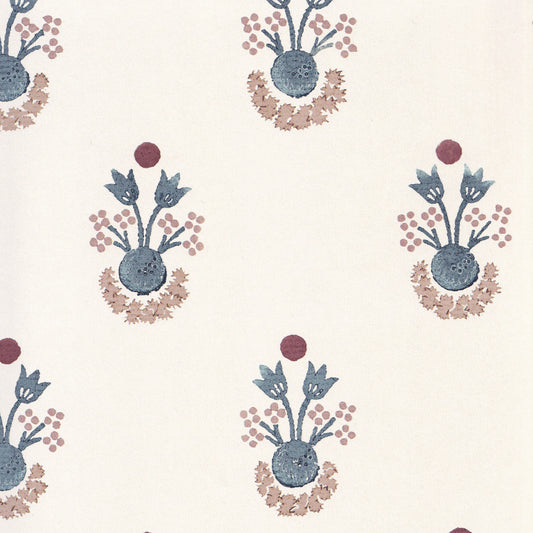 Lucie Harbor fabric with soft clay and blue floral motifs on cream background, made-to-order, fast turnaround, USA quality