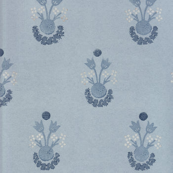 Lucie Steel wallpaper with blue floral motifs on soft gray background, made-to-order, short lead times, manufactured in the USA quality
