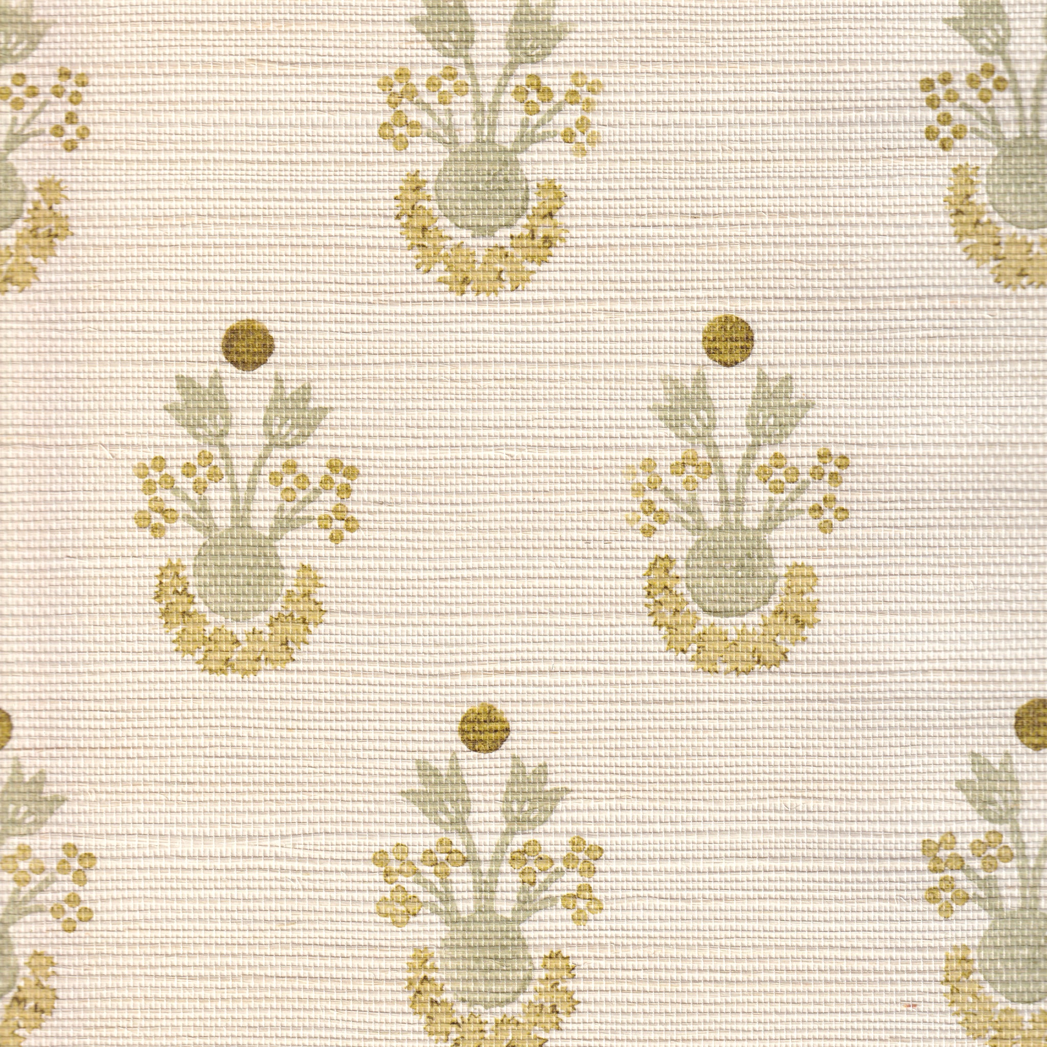 Lucie Chamomile wallpaper with subtle green and yellow floral motifs on woven textured fabric, made-to-order in the USA.