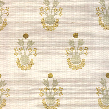 Lucie Chamomile wallpaper with subtle green and yellow floral motifs on woven textured fabric, made-to-order in the USA.