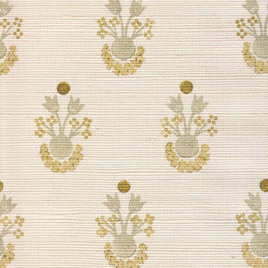 Lucie Chamomile wallpaper with subtle green and yellow floral motifs on woven textured fabric, made-to-order in the USA.