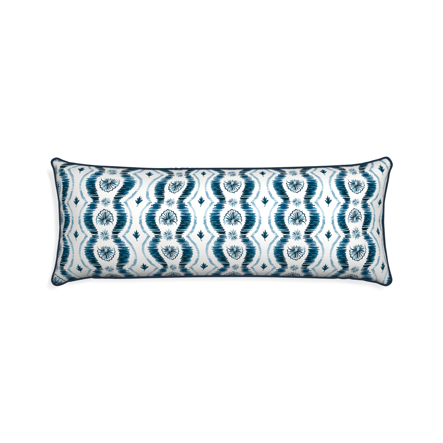 Xl-lumbar alice custom blue ikatpillow with c piping on white background