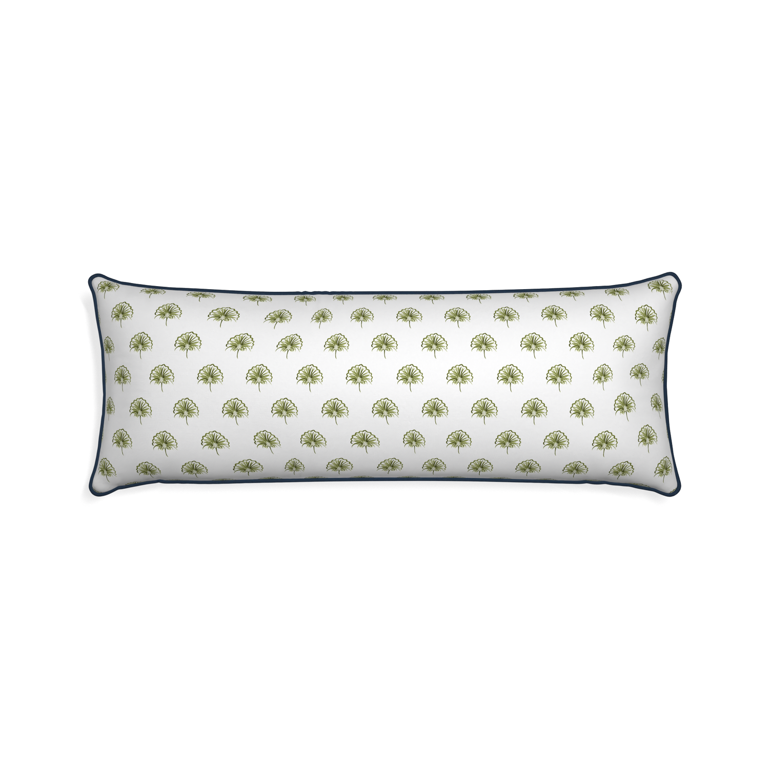 Xl-lumbar penelope moss custom green floralpillow with c piping on white background