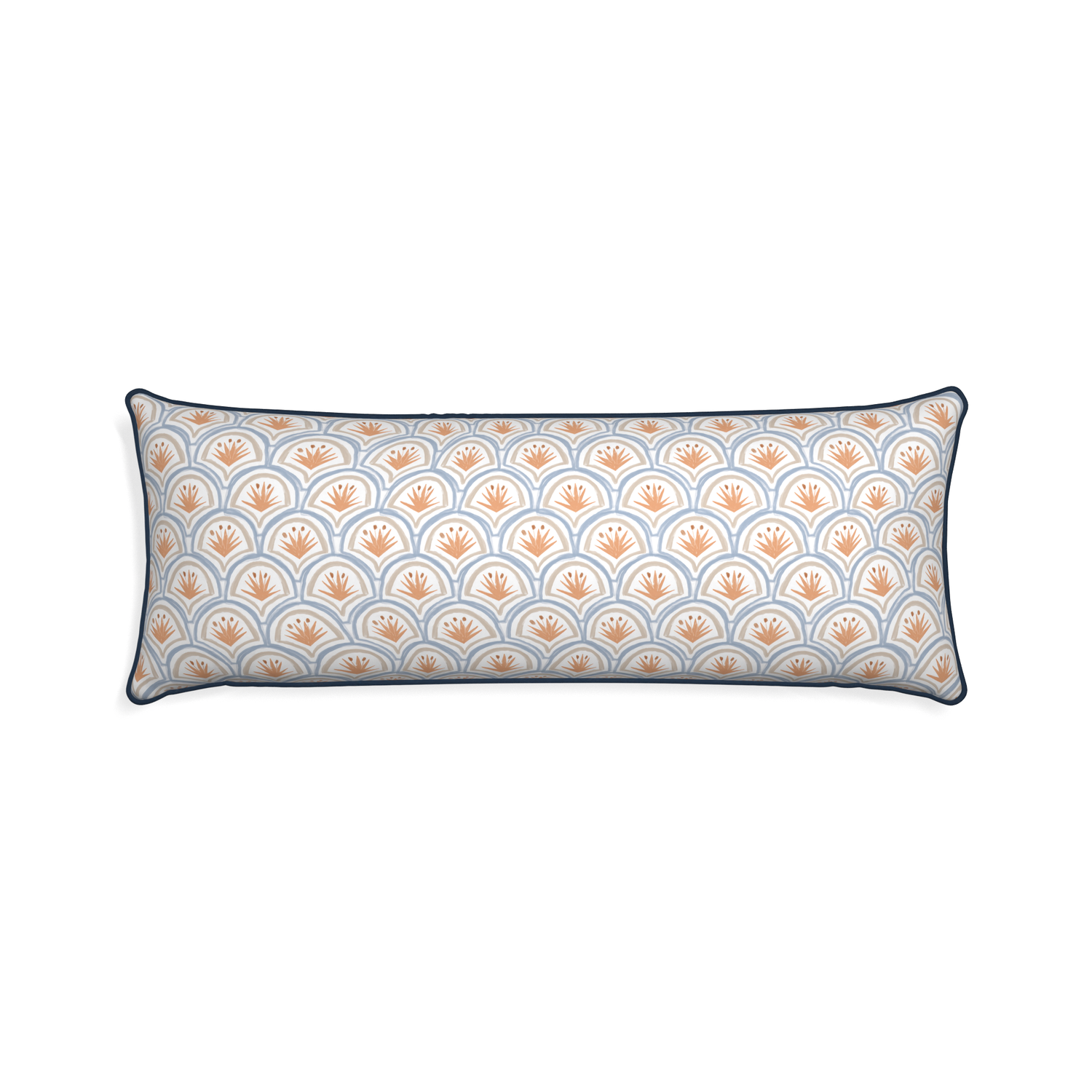 Xl-lumbar thatcher apricot custom art deco palm patternpillow with c piping on white background
