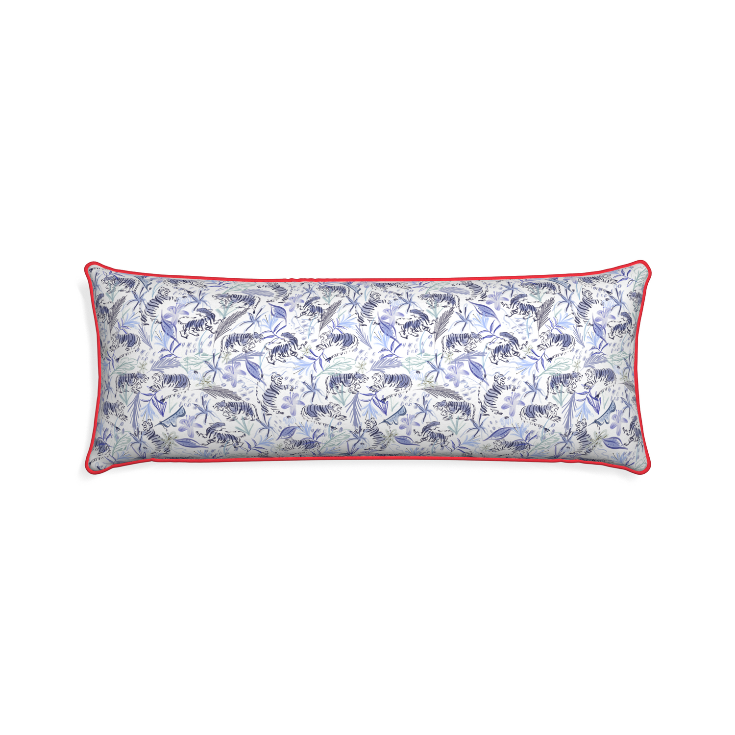 Xl-lumbar frida blue custom blue with intricate tiger designpillow with cherry piping on white background