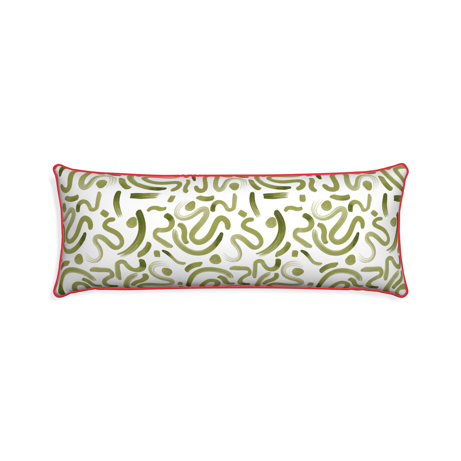 Xl-lumbar hockney moss custom pillow with cherry piping on white background