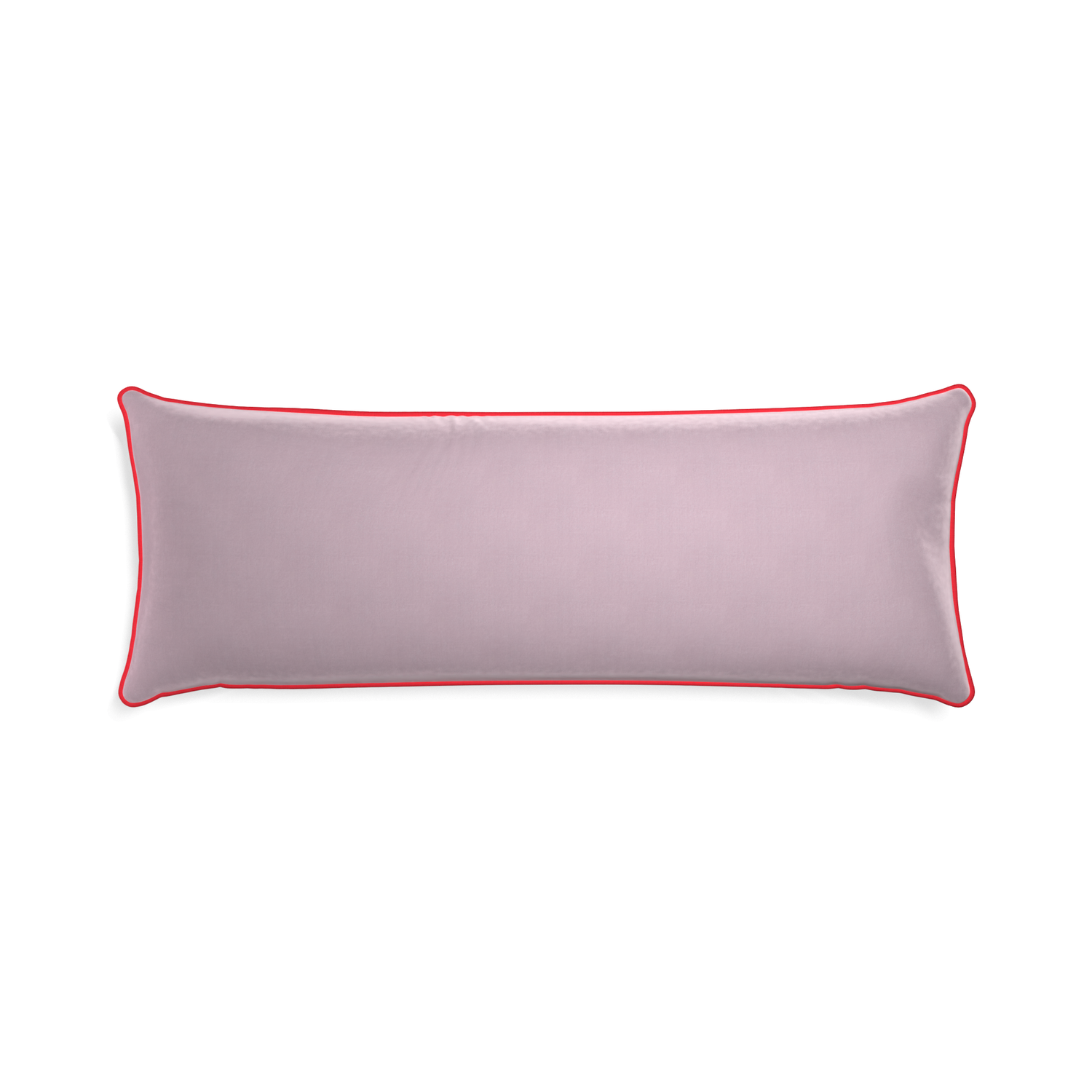 Xl-lumbar lilac velvet custom pillow with cherry piping on white background