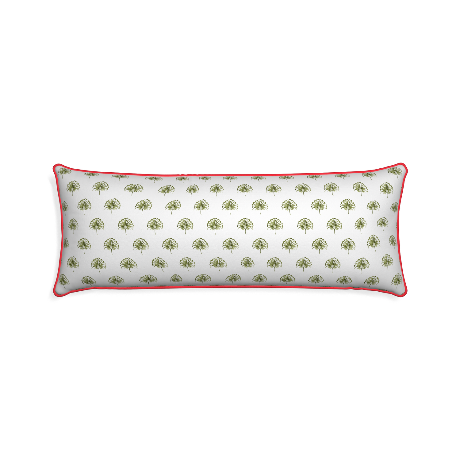Xl-lumbar penelope moss custom green floralpillow with cherry piping on white background
