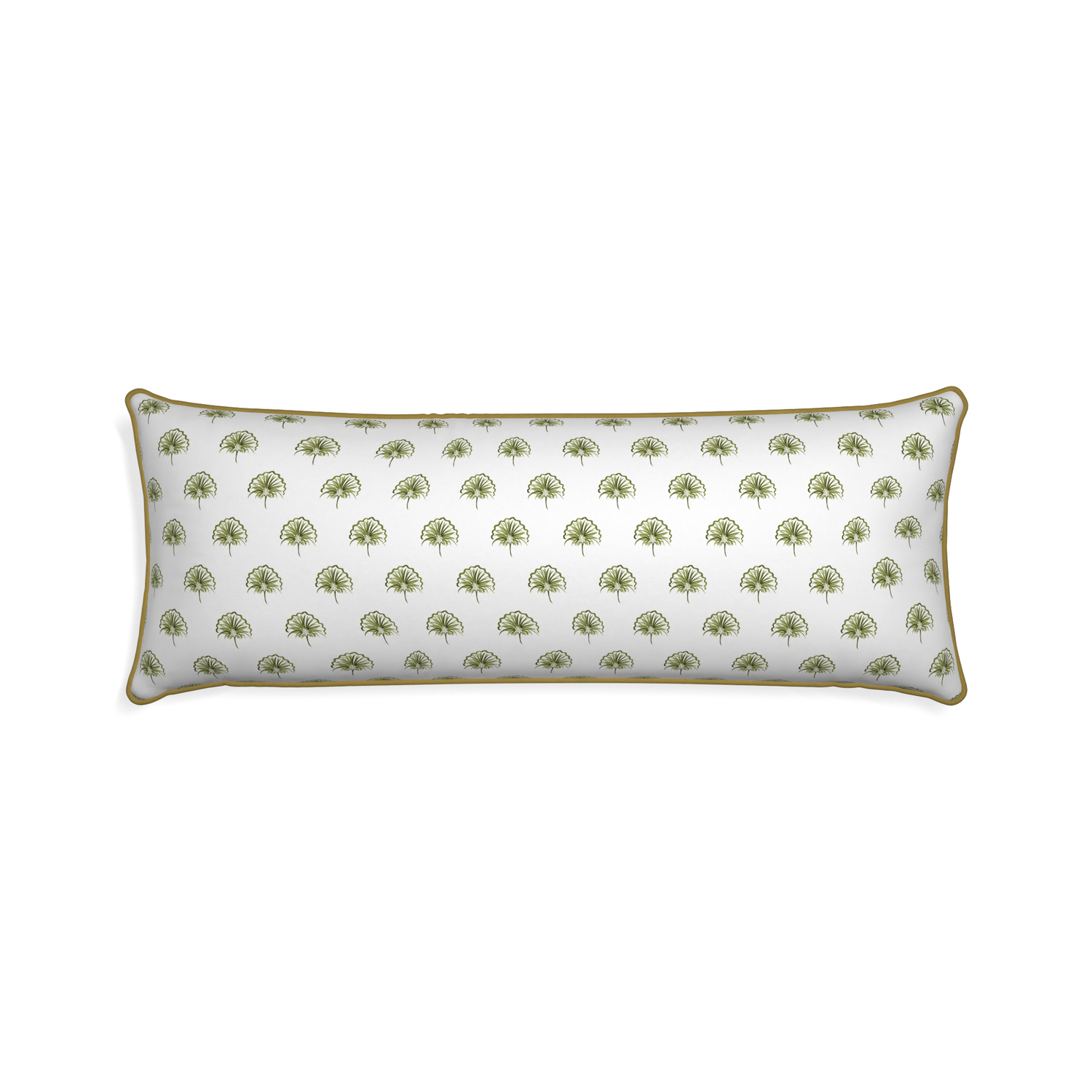 Xl-lumbar penelope moss custom green floralpillow with c piping on white background