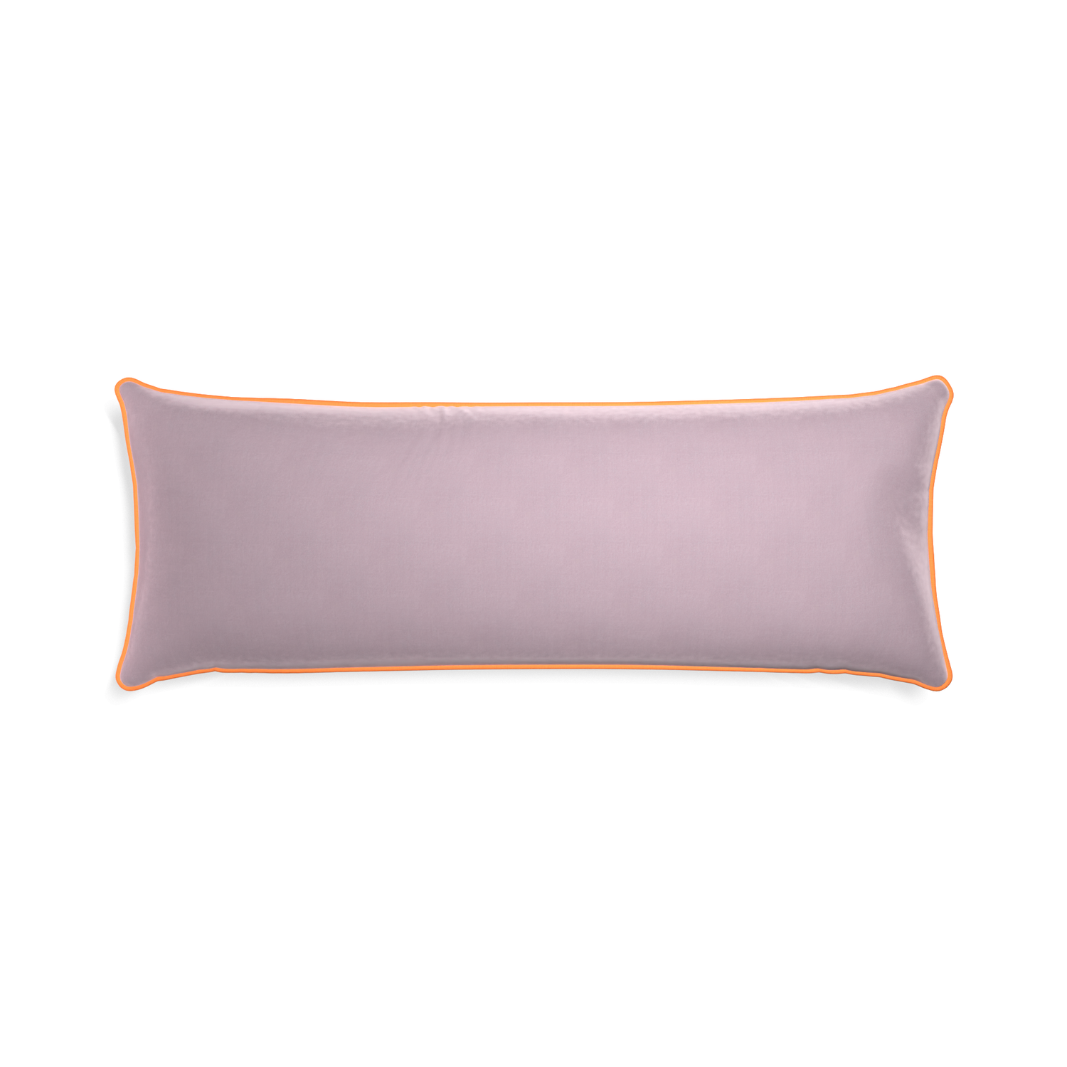 Xl-lumbar lilac velvet custom pillow with clementine piping on white background