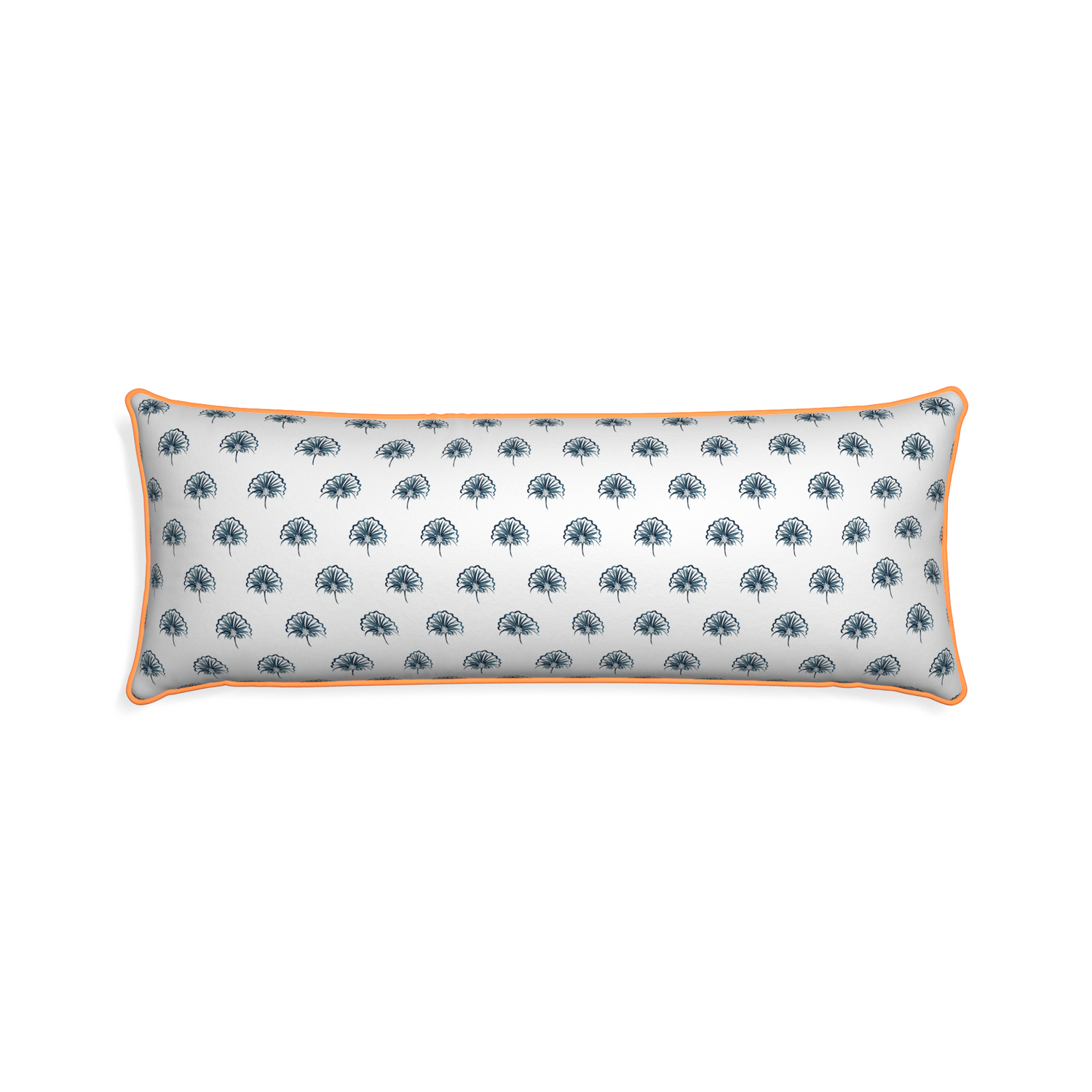 Xl-lumbar penelope midnight custom pillow with clementine piping on white background