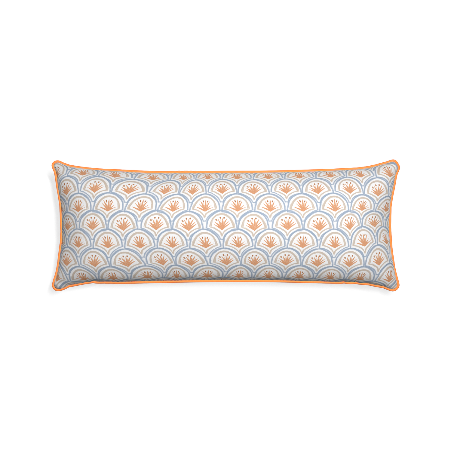 Xl-lumbar thatcher apricot custom art deco palm patternpillow with clementine piping on white background