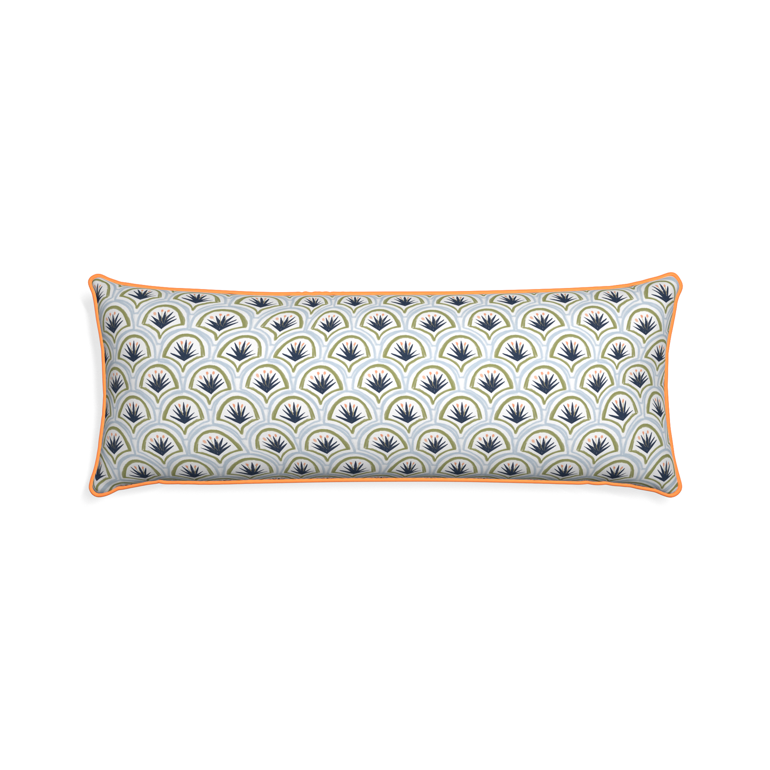 Xl-lumbar thatcher midnight custom art deco palm patternpillow with clementine piping on white background