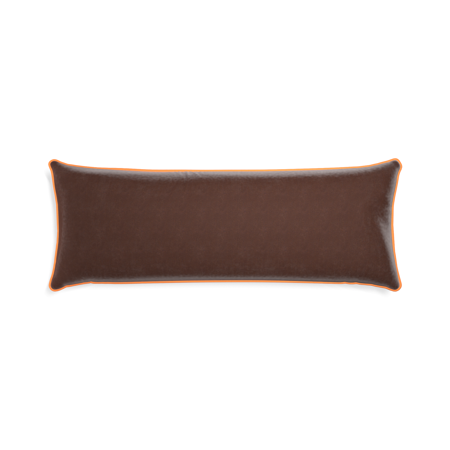 Xl-lumbar walnut velvet custom pillow with clementine piping on white background