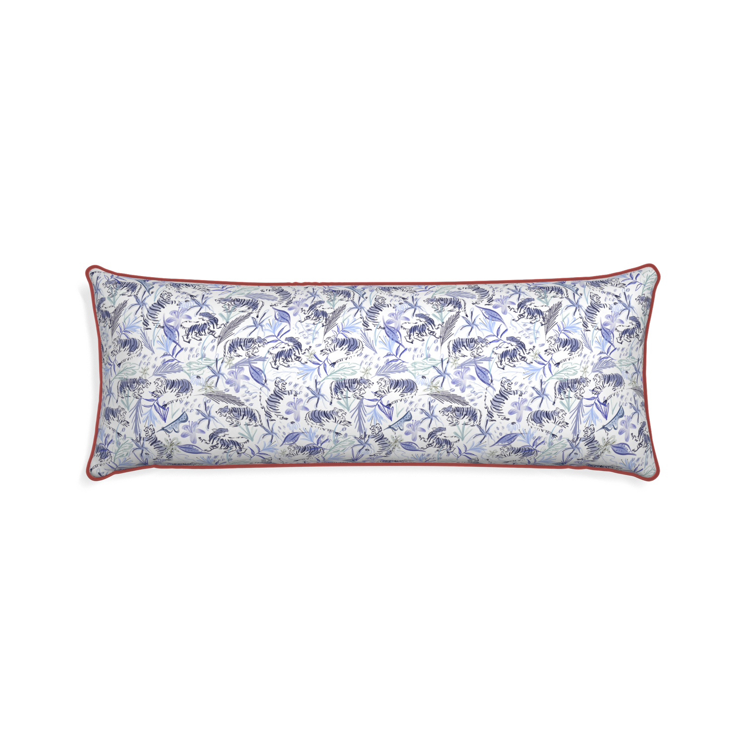 Xl-lumbar frida blue custom blue with intricate tiger designpillow with c piping on white background