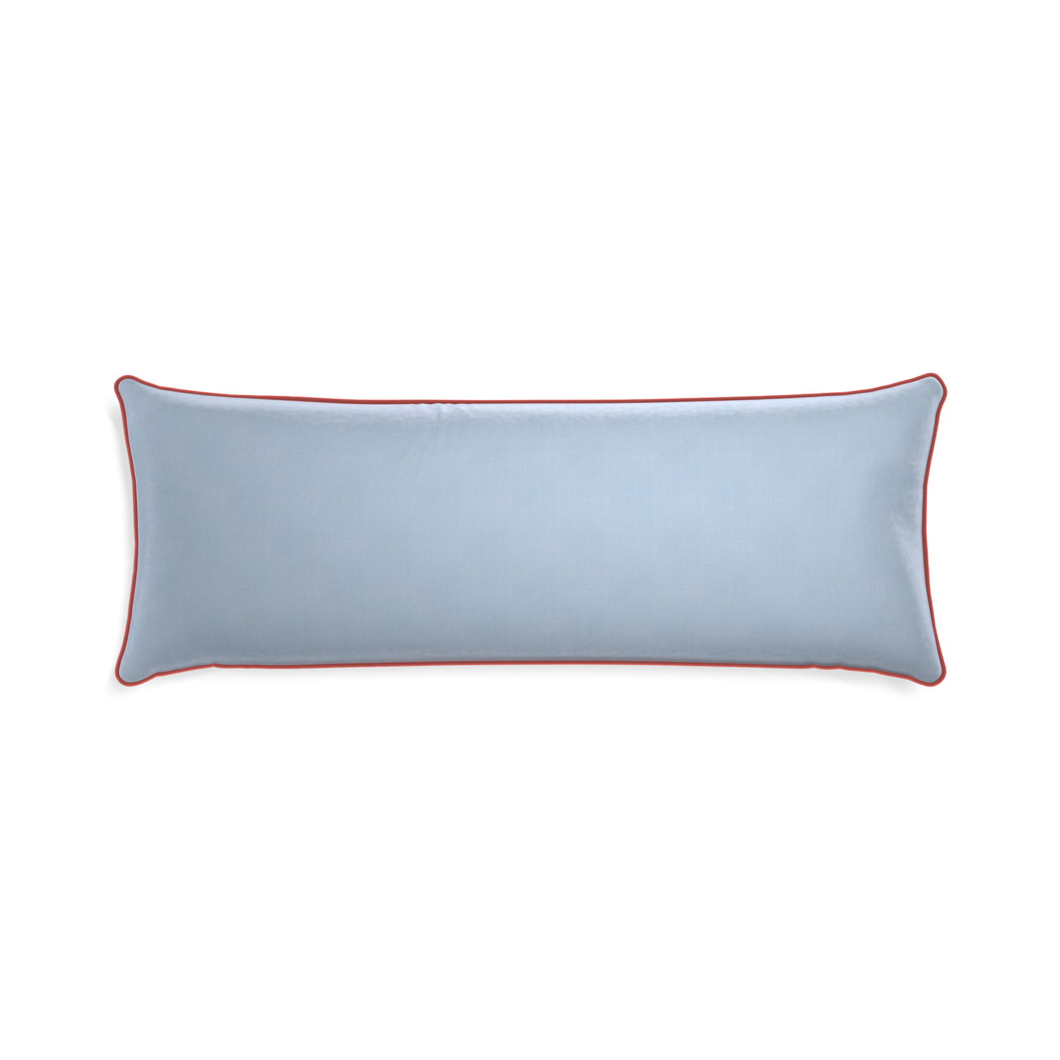 rectangle light blue velvet pillow with coral piping