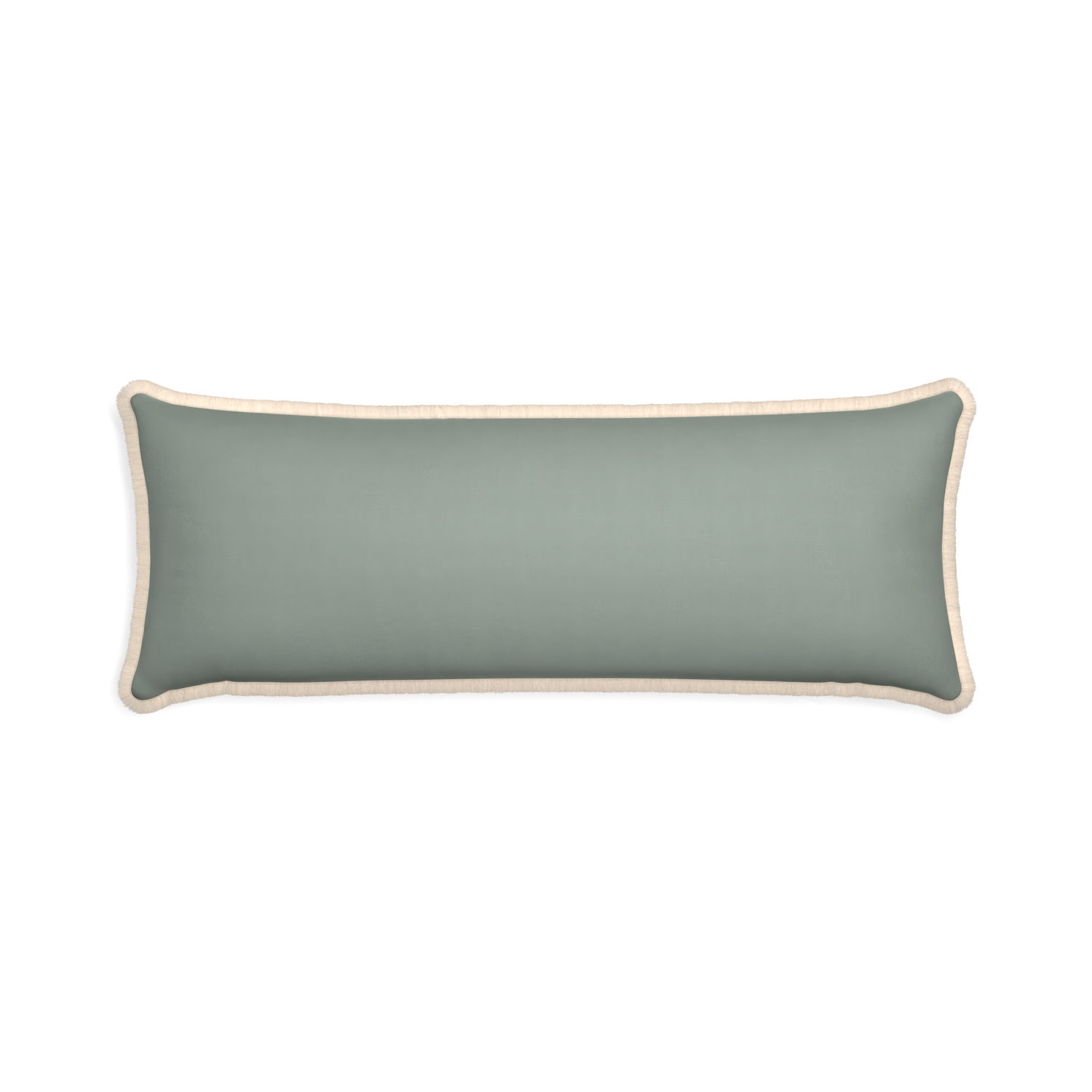 Xl-lumbar sage custom pillow with cream fringe on white background