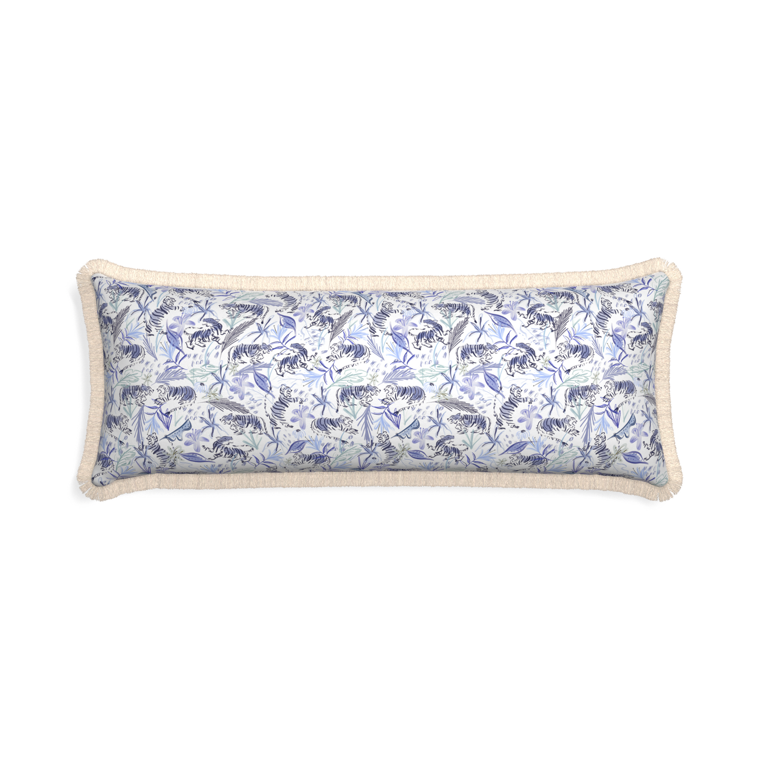 Xl-lumbar frida blue custom blue with intricate tiger designpillow with cream fringe on white background