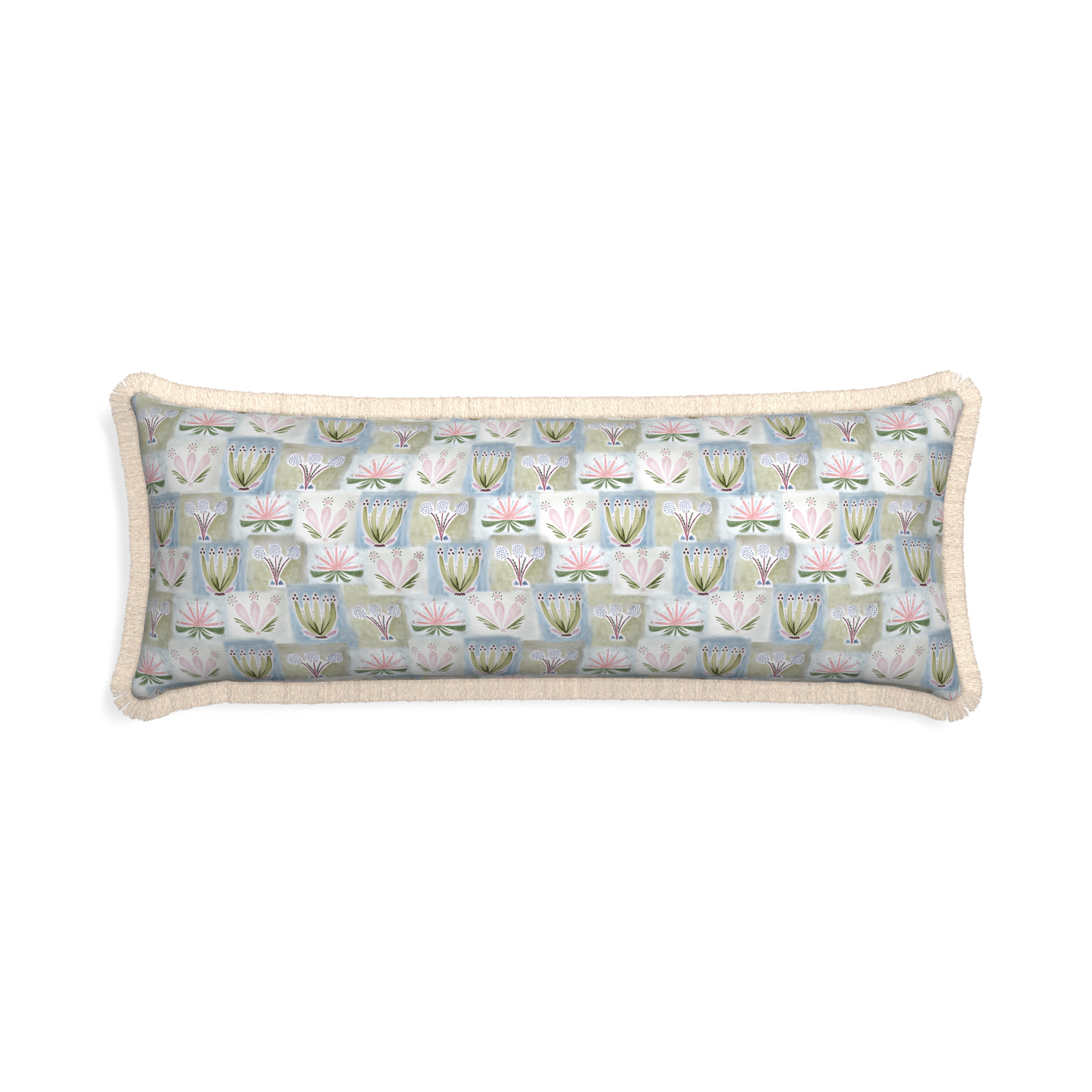 Xl-lumbar harper custom pillow with cream fringe on white background