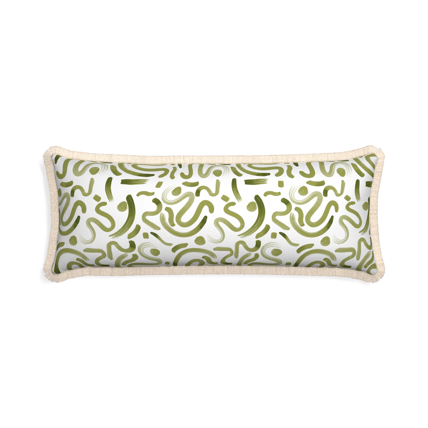 Xl-lumbar hockney moss custom pillow with cream fringe on white background