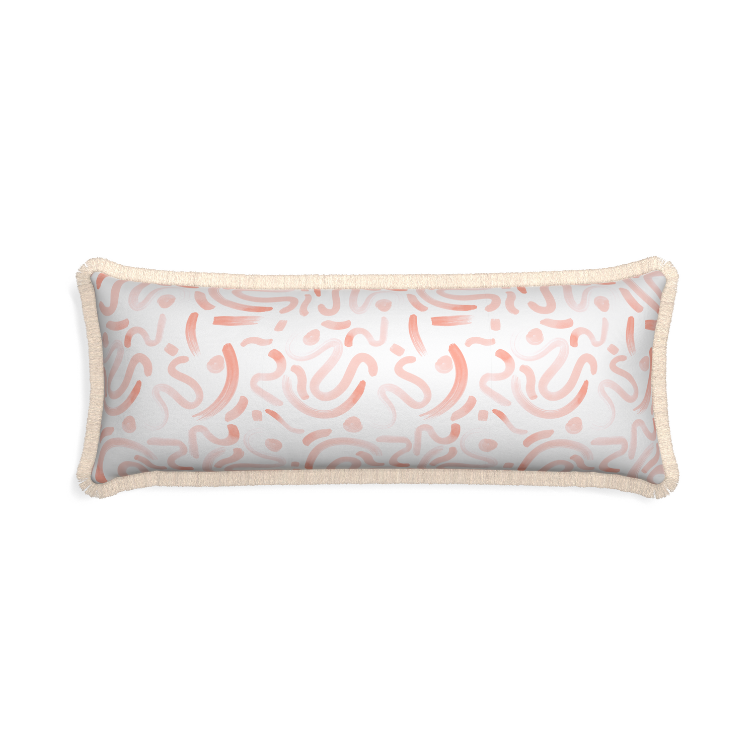 Xl-lumbar hockney pink custom pillow with cream fringe on white background