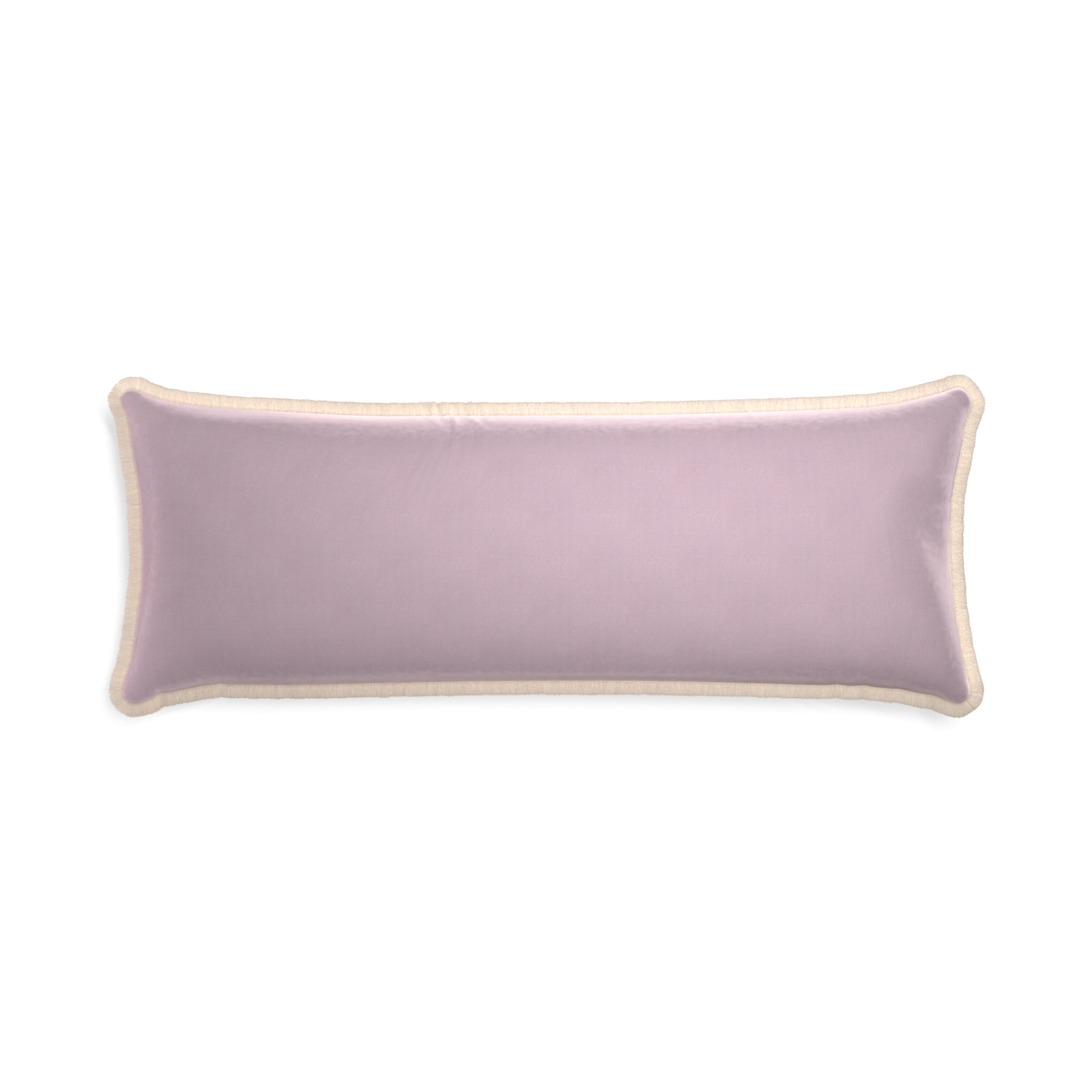 Xl-lumbar lilac velvet custom pillow with cream fringe on white background