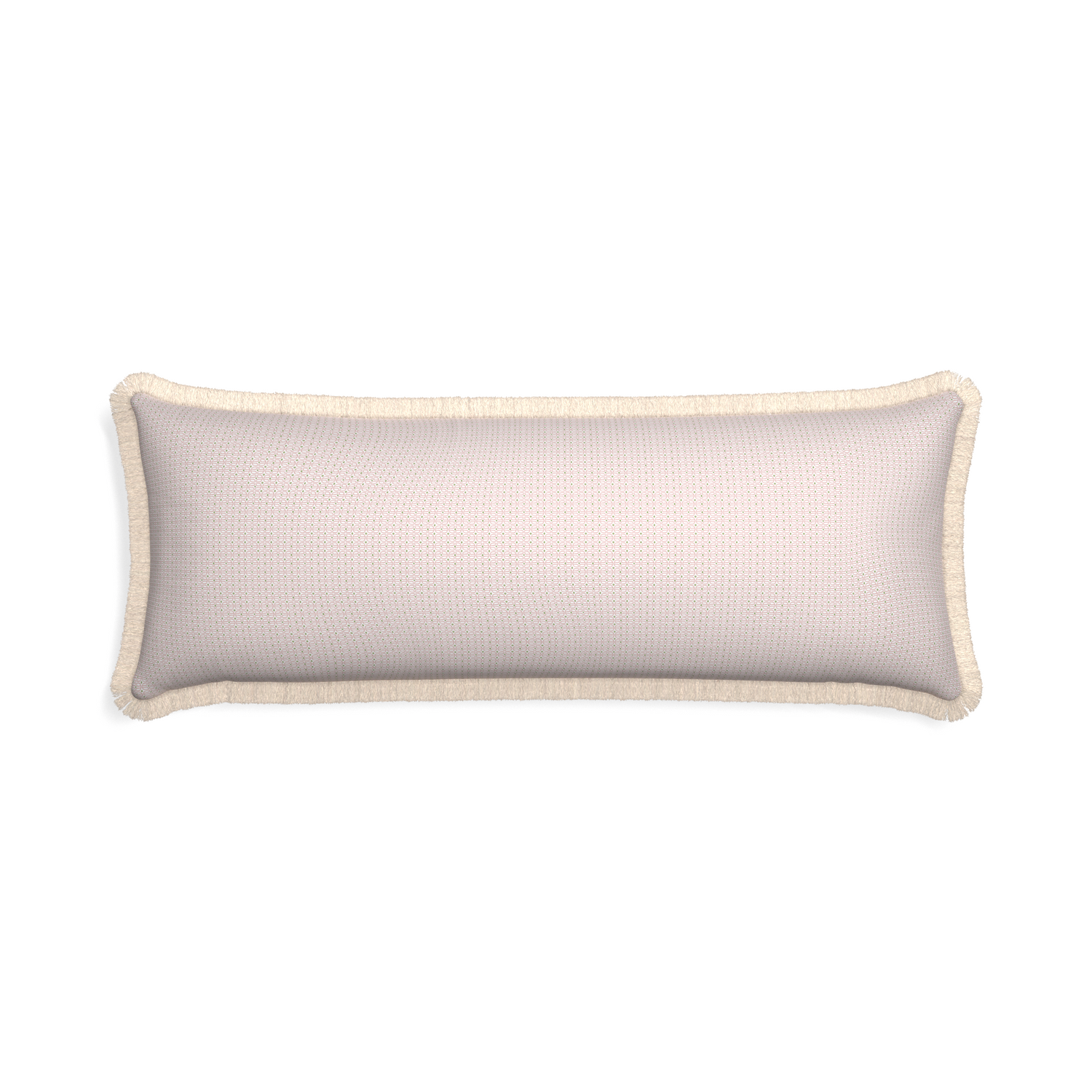 Xl-lumbar loomi pink custom pillow with cream fringe on white background