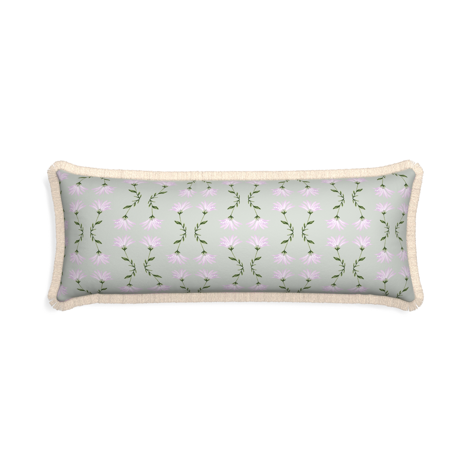 Xl-lumbar marina sage custom pillow with cream fringe on white background