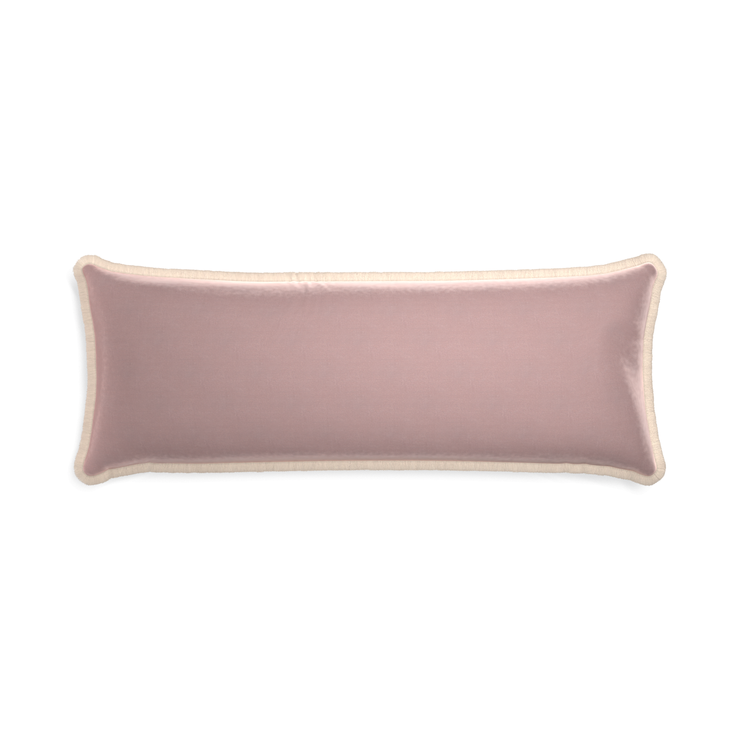 Xl-lumbar mauve velvet custom pillow with cream fringe on white background