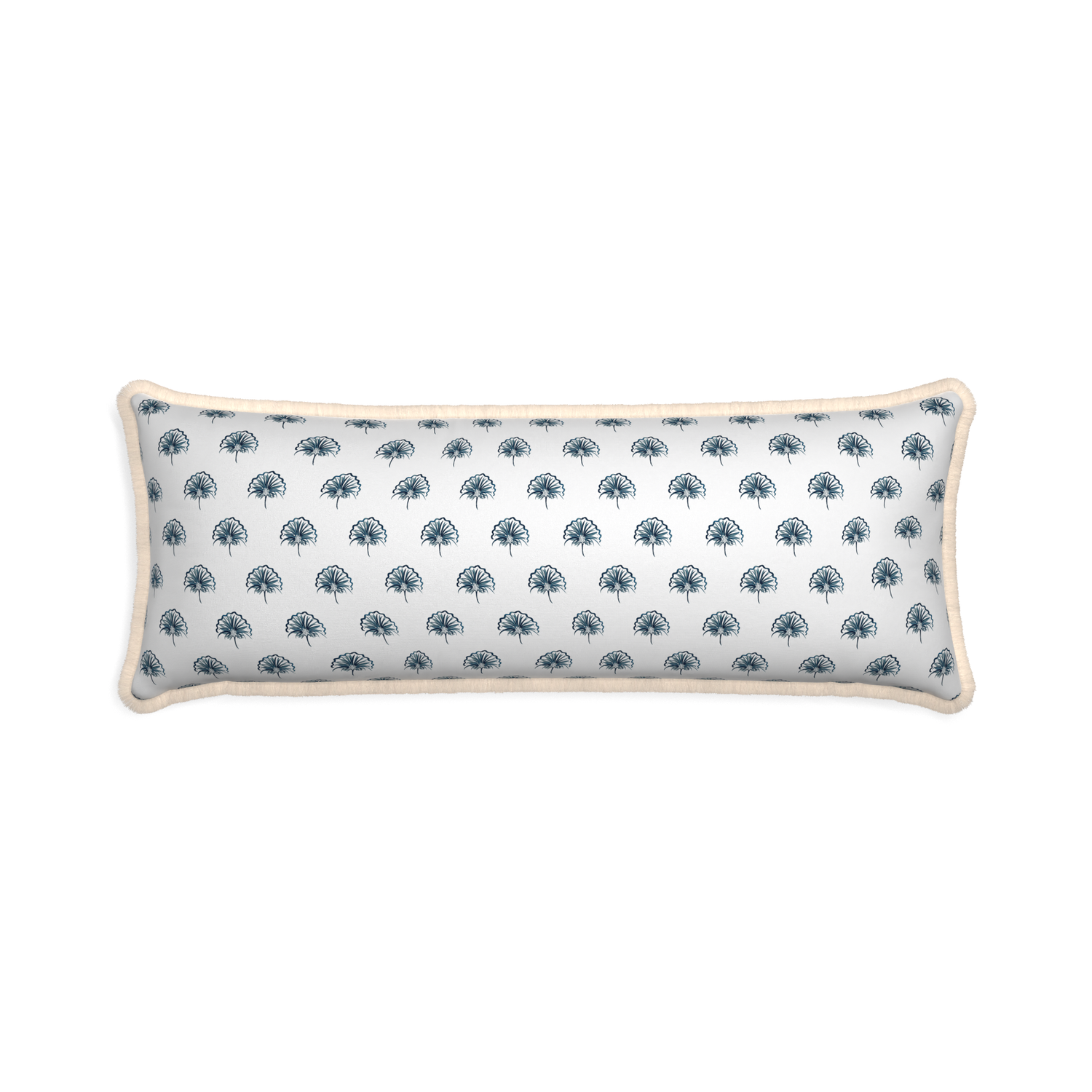 Xl-lumbar penelope midnight custom pillow with cream fringe on white background