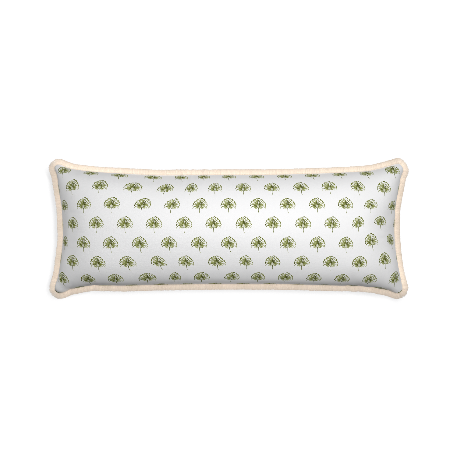 Xl-lumbar penelope moss custom pillow with cream fringe on white background