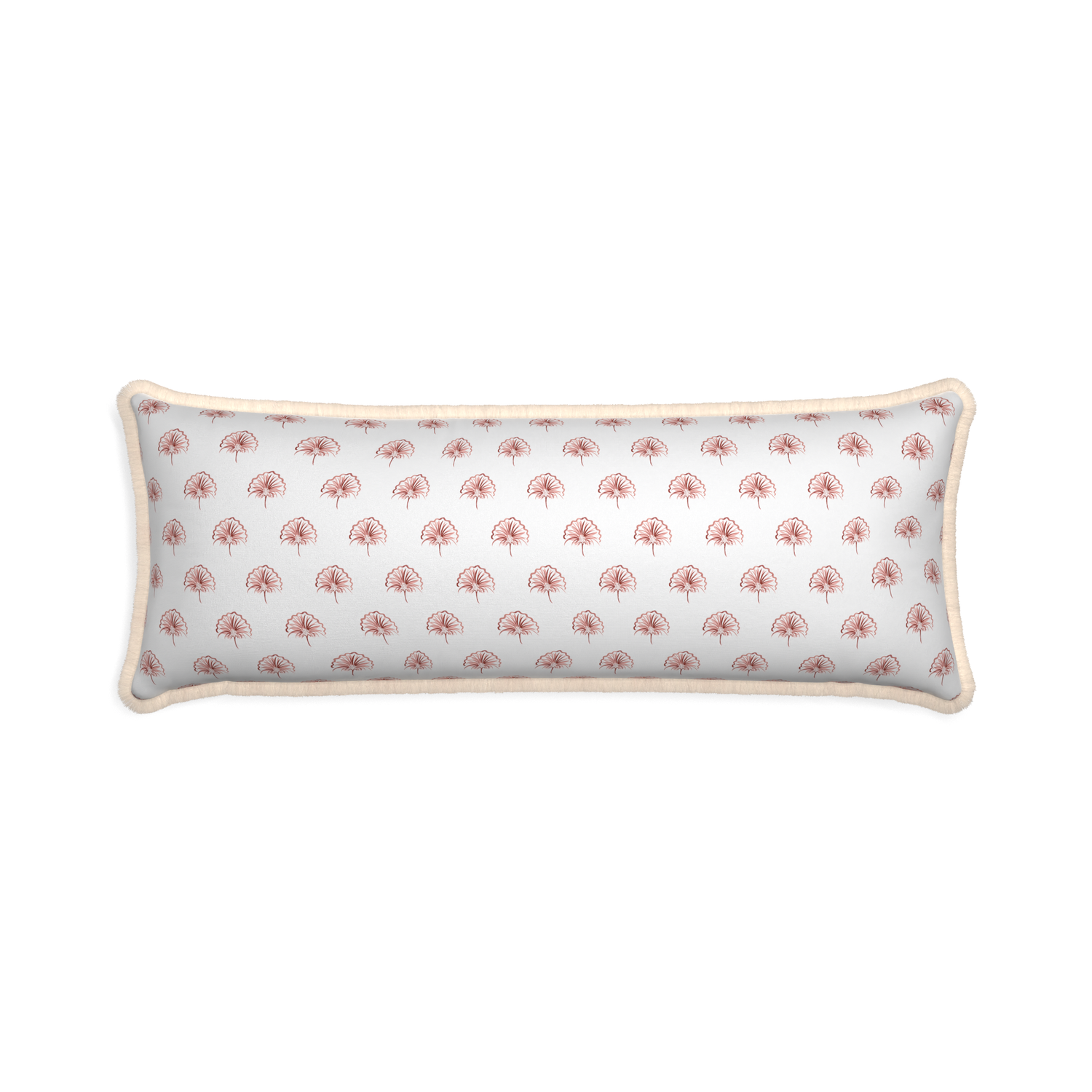Xl-lumbar penelope rose custom pillow with cream fringe on white background