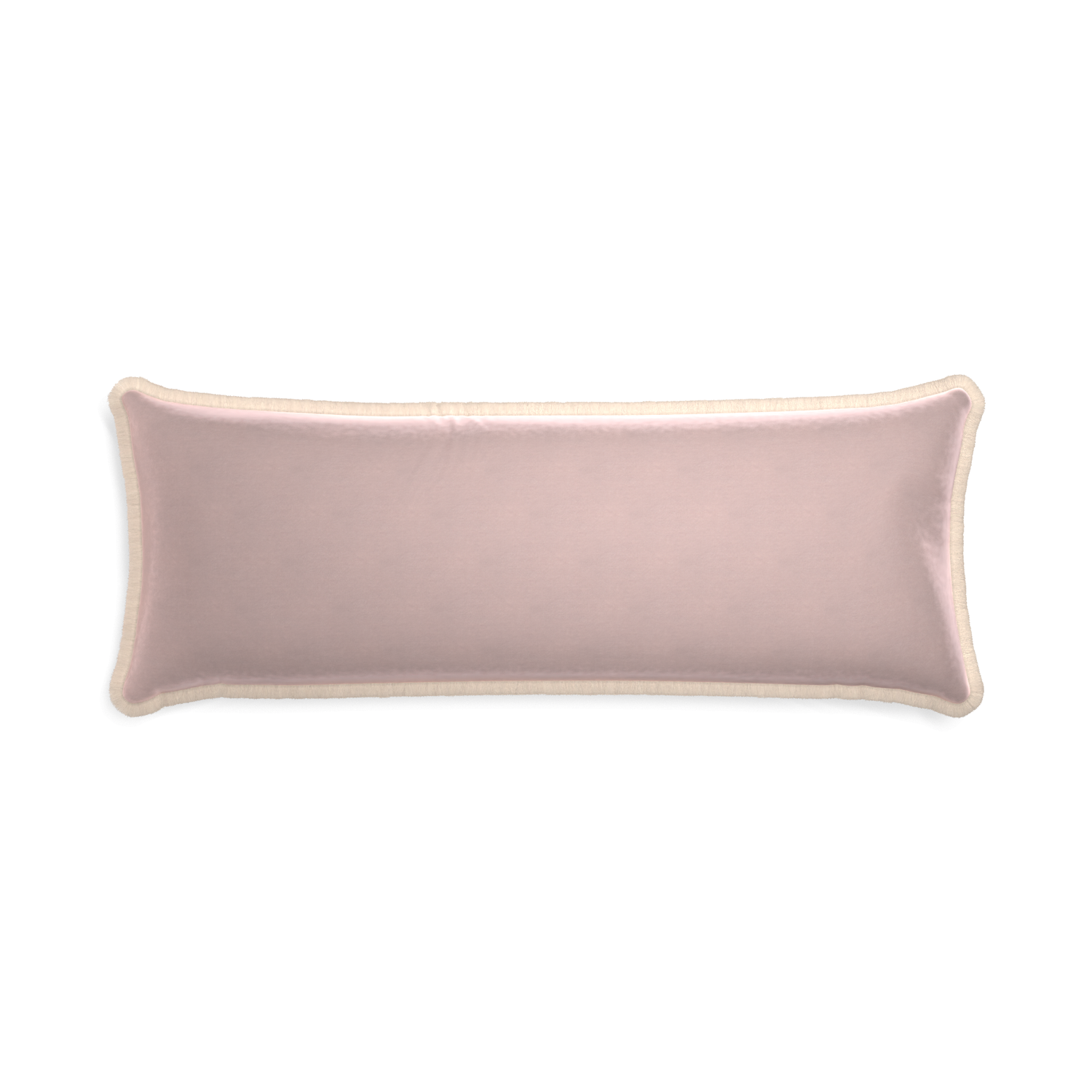 Xl-lumbar rose velvet custom pillow with cream fringe on white background