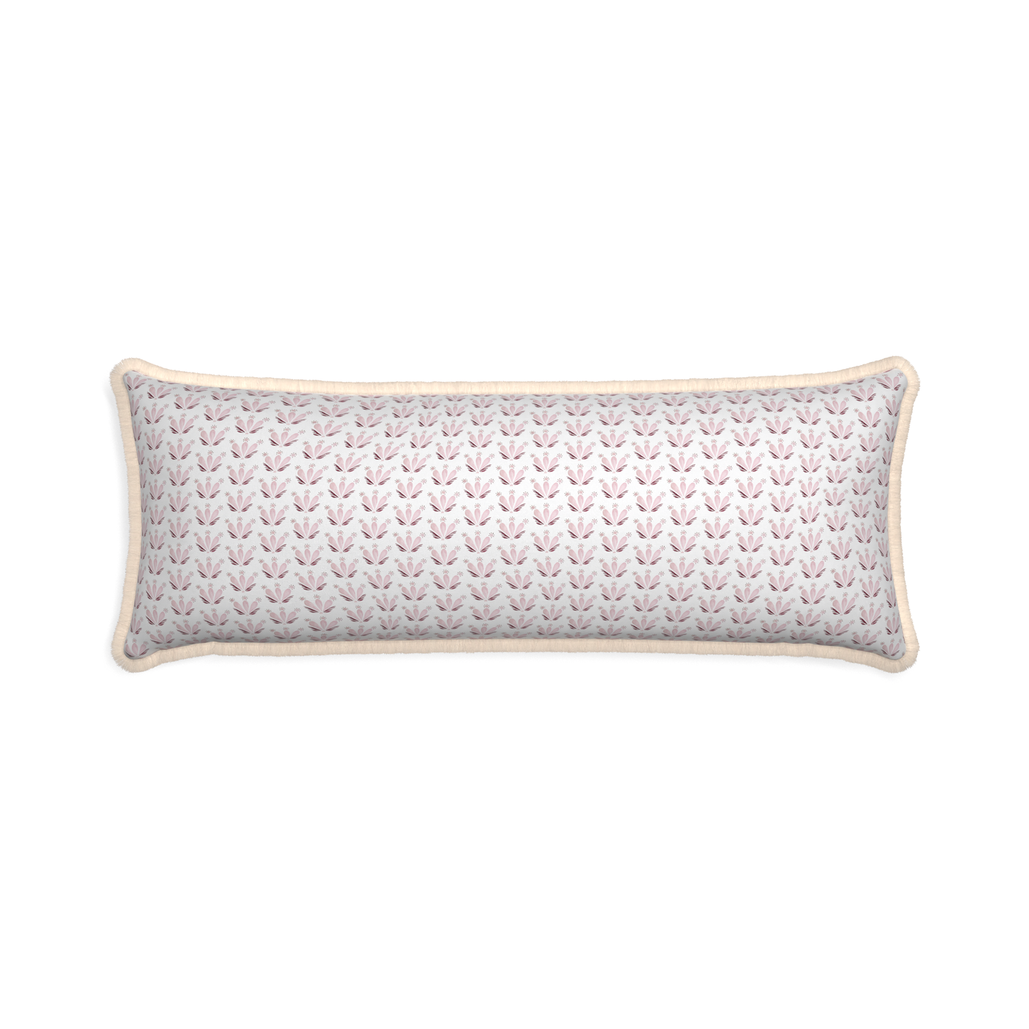 Xl-lumbar serena pink custom pink & burgundy drop repeat floralpillow with cream fringe on white background