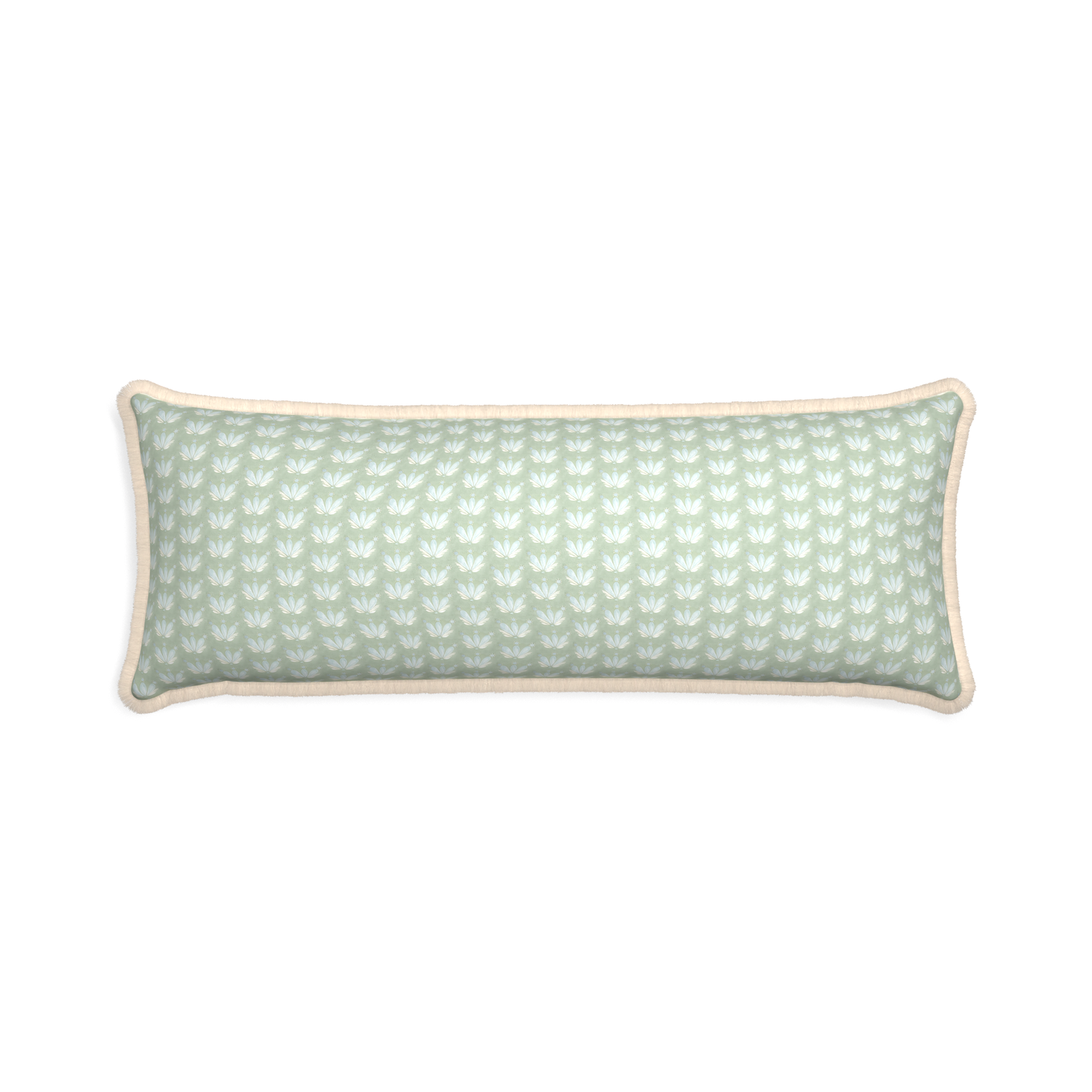 Xl-lumbar serena sea salt custom blue & green floral drop repeatpillow with cream fringe on white background