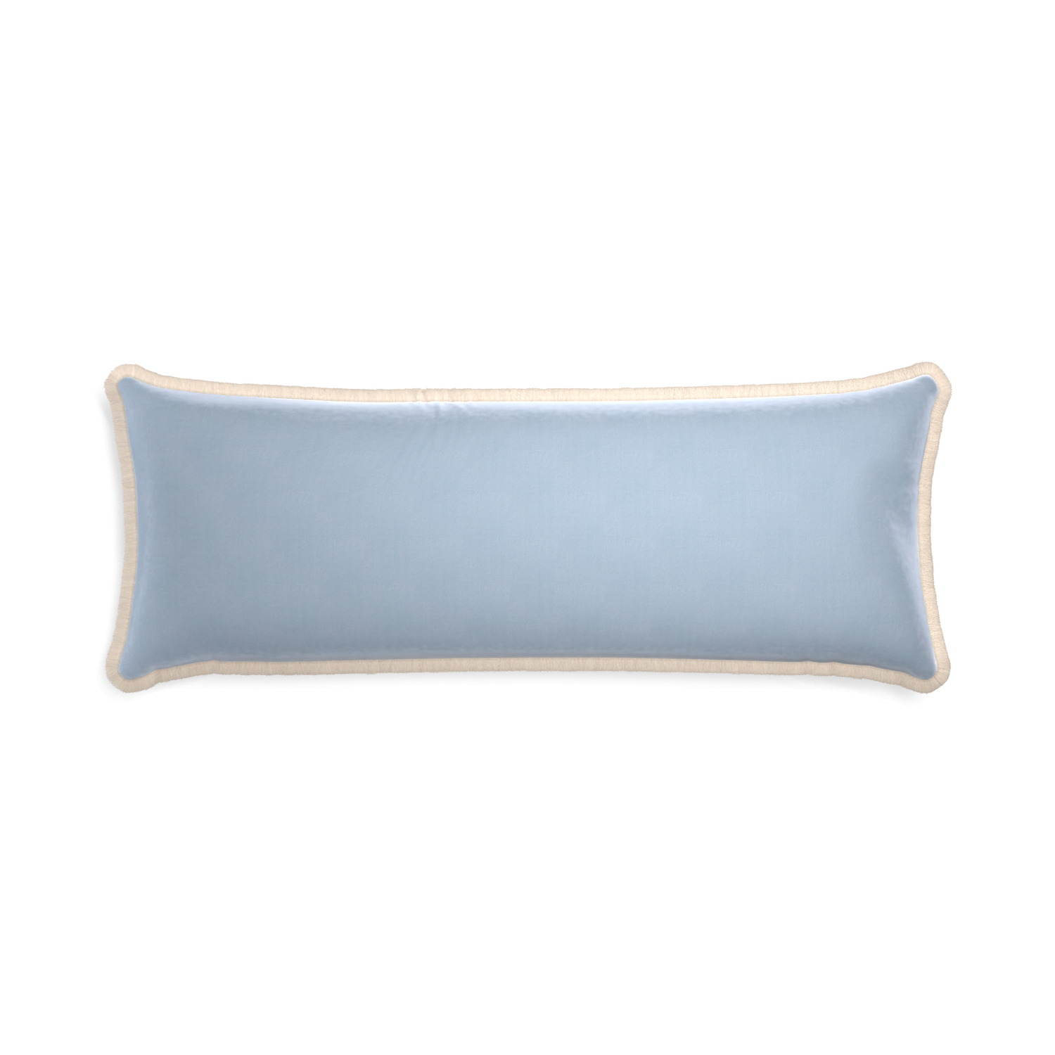 Xl-lumbar sky velvet custom pillow with cream fringe on white background