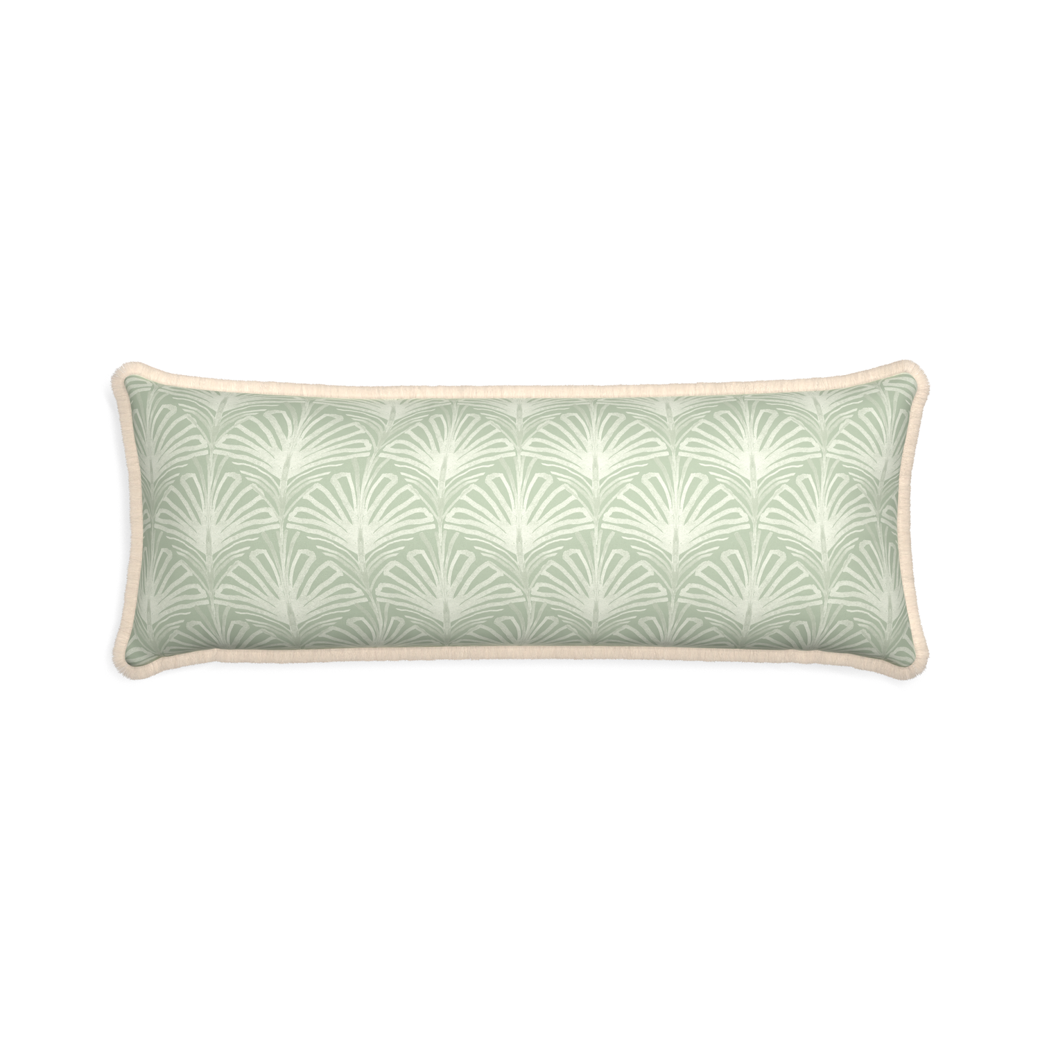 Xl-lumbar suzy sage custom pillow with cream fringe on white background